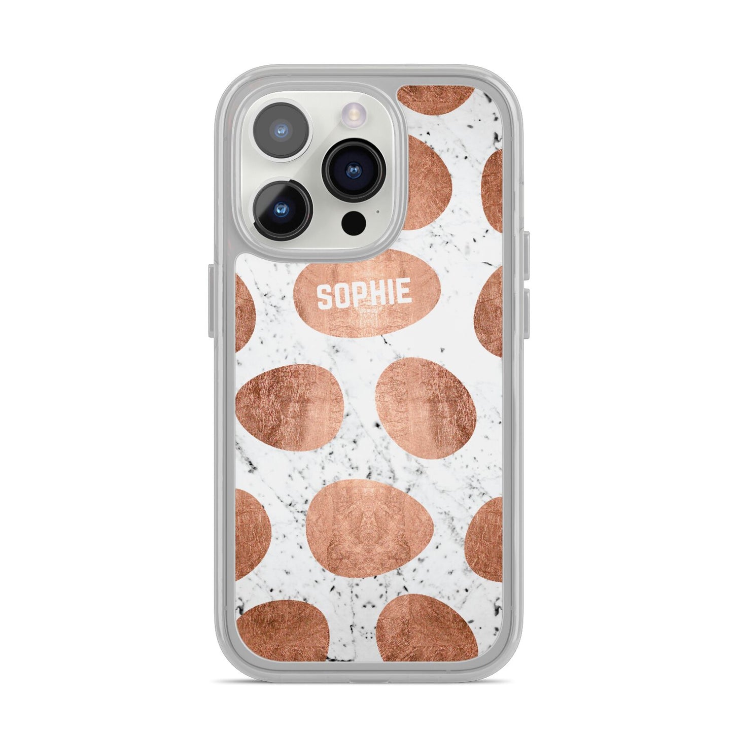 Personalised Marble Name Initials Rose Gold Dots iPhone 14 Pro Clear Tough Case Silver
