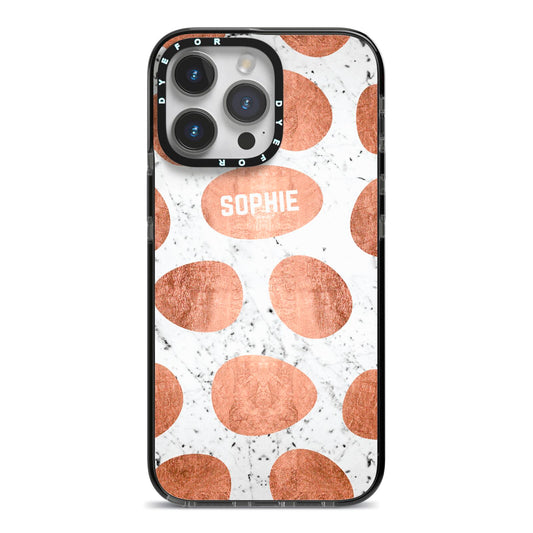 Personalised Marble Name Initials Rose Gold Dots iPhone 14 Pro Max Black Impact Case on Silver phone