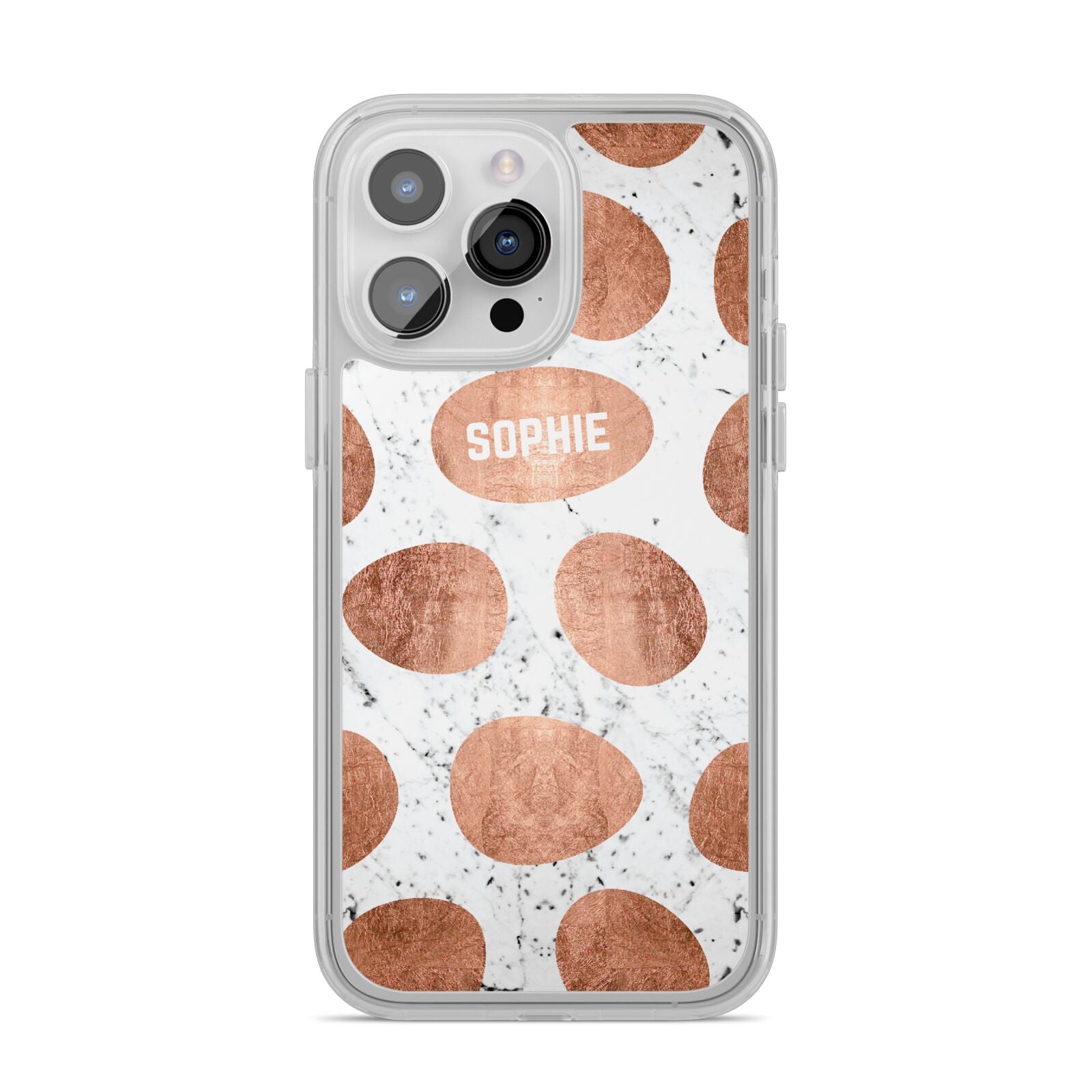 Personalised Marble Name Initials Rose Gold Dots iPhone 14 Pro Max Clear Tough Case Silver