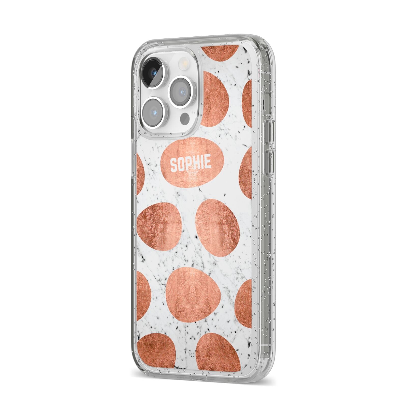 Personalised Marble Name Initials Rose Gold Dots iPhone 14 Pro Max Glitter Tough Case Silver Angled Image