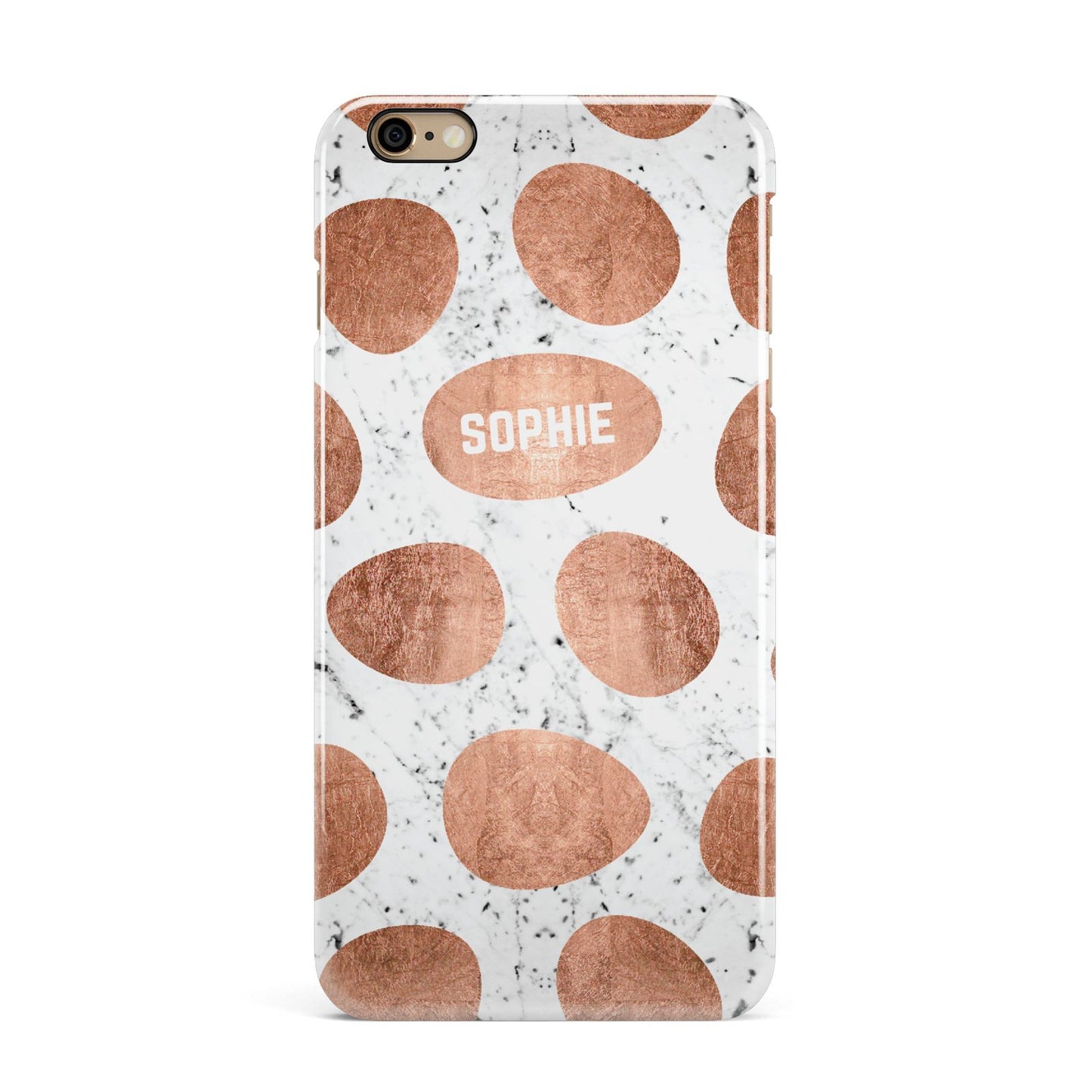 Personalised Marble Name Initials Rose Gold Dots iPhone 6 Plus 3D Snap Case on Gold Phone