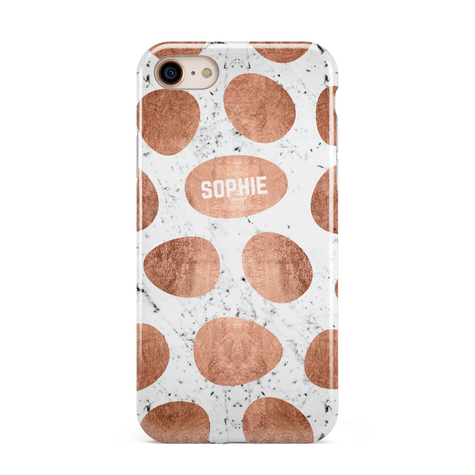 Personalised Marble Name Initials Rose Gold Dots iPhone 8 3D Tough Case on Gold Phone
