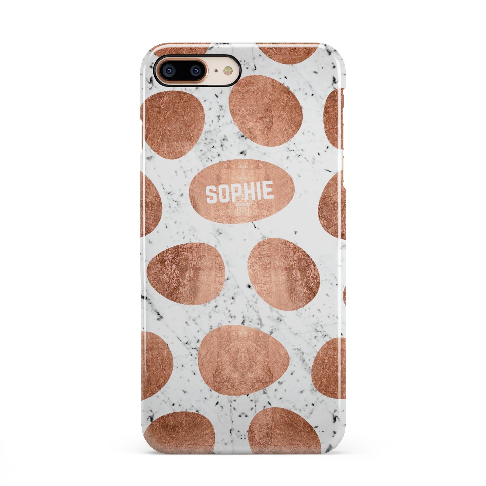 Personalised Marble Name Initials Rose Gold Dots iPhone 8 Plus 3D Snap Case on Gold Phone