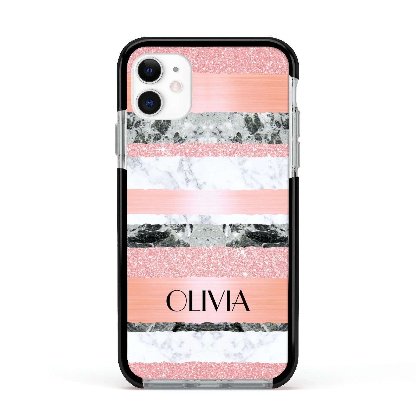 Personalised Marble Name Text Custom Apple iPhone 11 in White with Black Impact Case