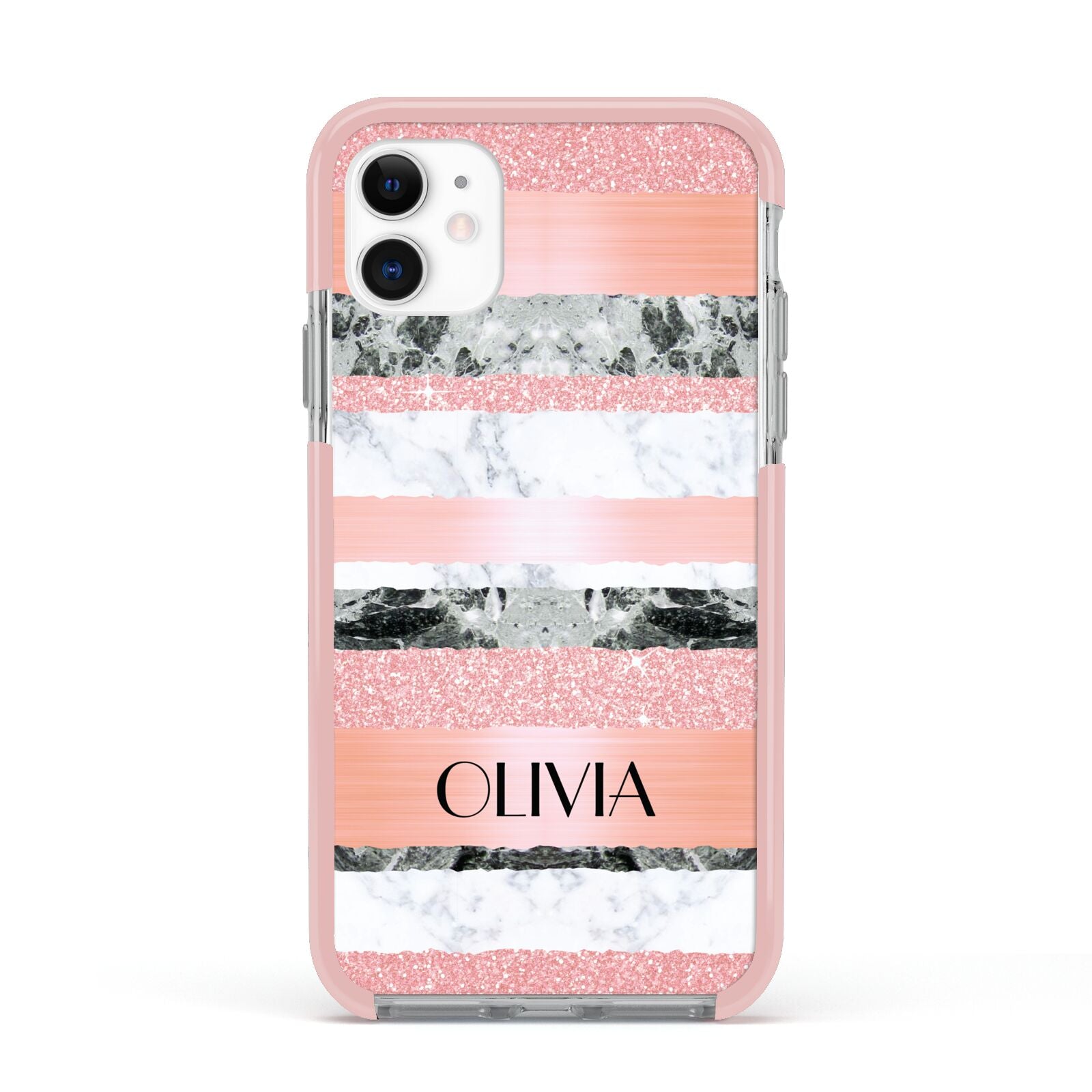 Personalised Marble Name Text Custom Apple iPhone 11 in White with Pink Impact Case
