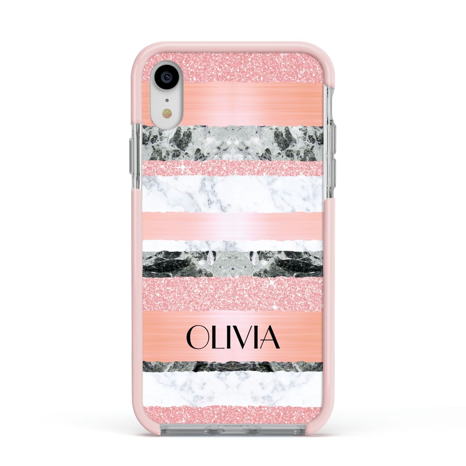 Personalised Marble Name Text Custom Apple iPhone XR Impact Case Pink Edge on Silver Phone