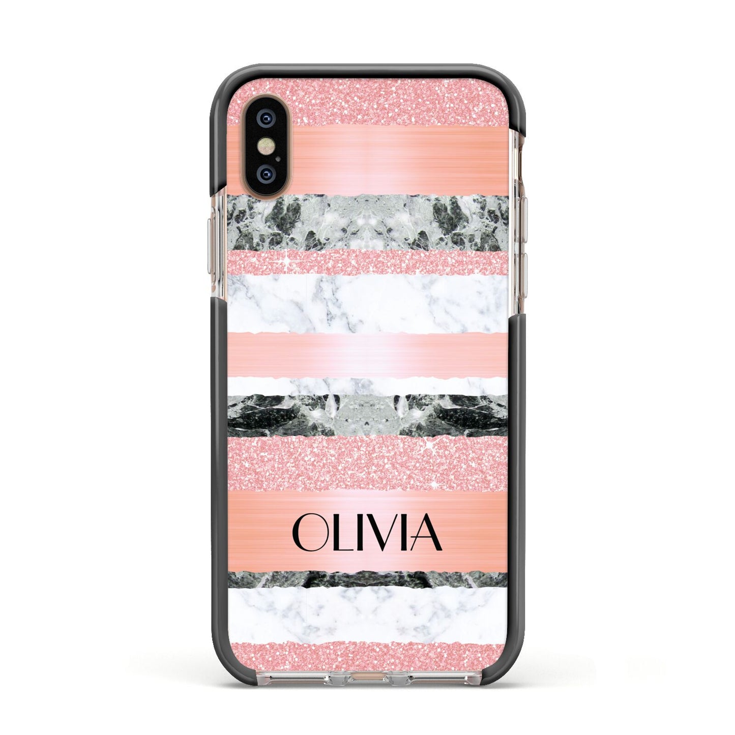 Personalised Marble Name Text Custom Apple iPhone Xs Impact Case Black Edge on Gold Phone