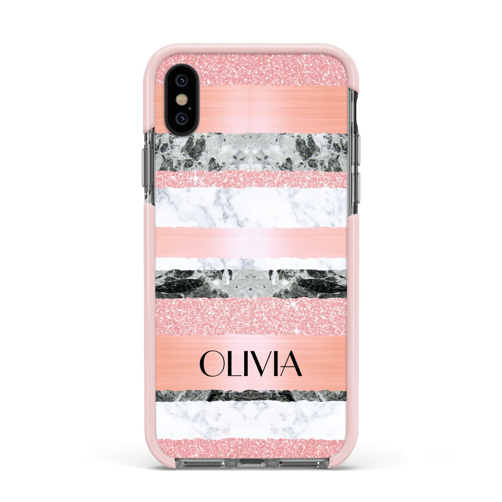 Personalised Marble Name Text Custom Apple iPhone Xs Impact Case Pink Edge on Black Phone