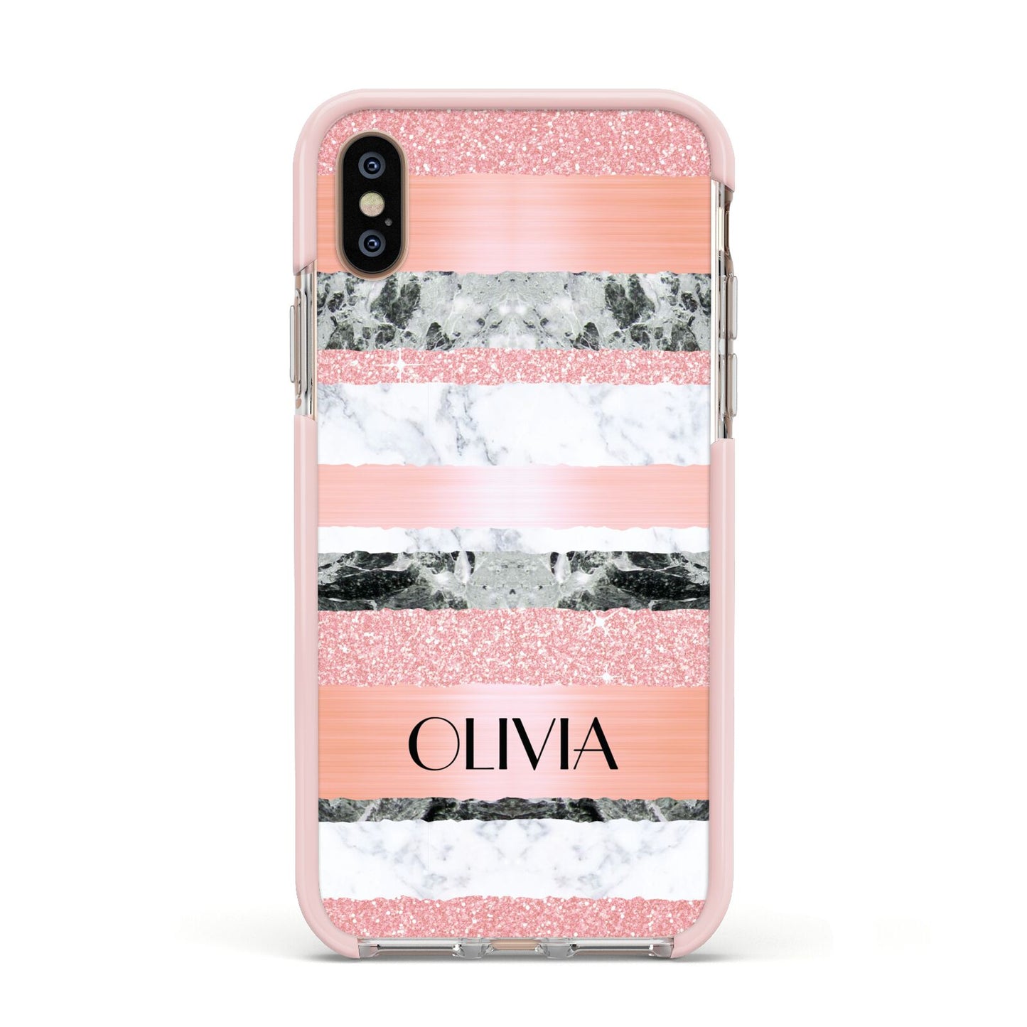Personalised Marble Name Text Custom Apple iPhone Xs Impact Case Pink Edge on Gold Phone