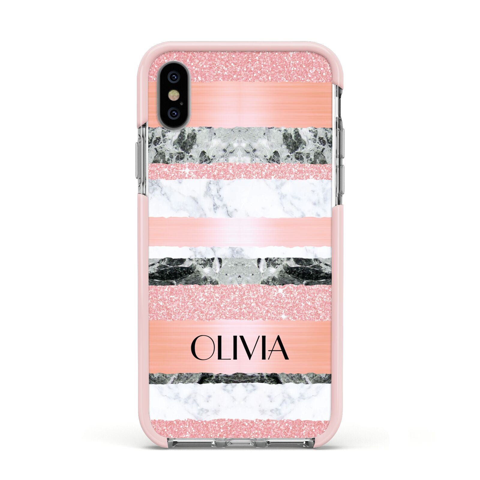 Personalised Marble Name Text Custom Apple iPhone Xs Impact Case Pink Edge on Silver Phone