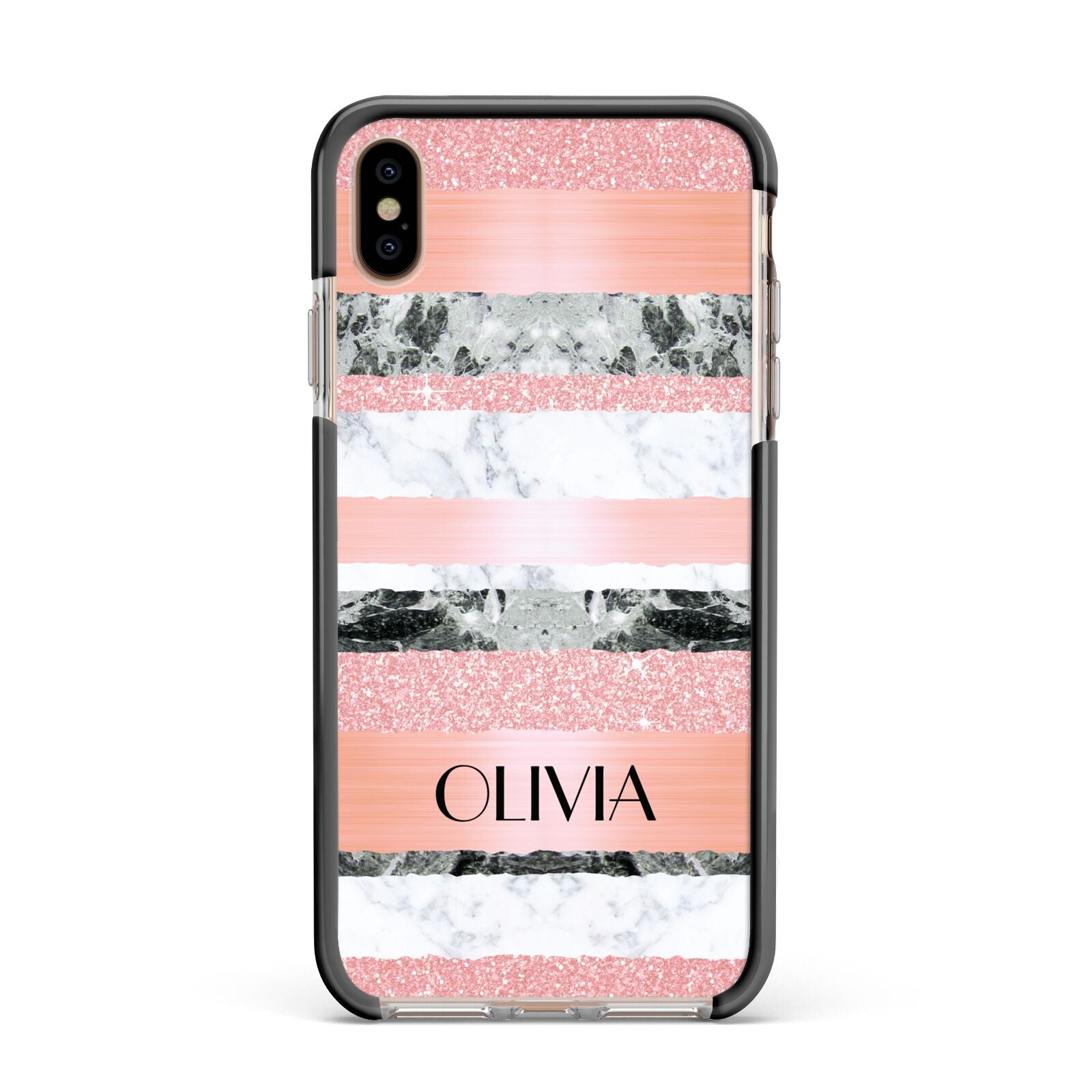 Personalised Marble Name Text Custom Apple iPhone Xs Max Impact Case Black Edge on Gold Phone