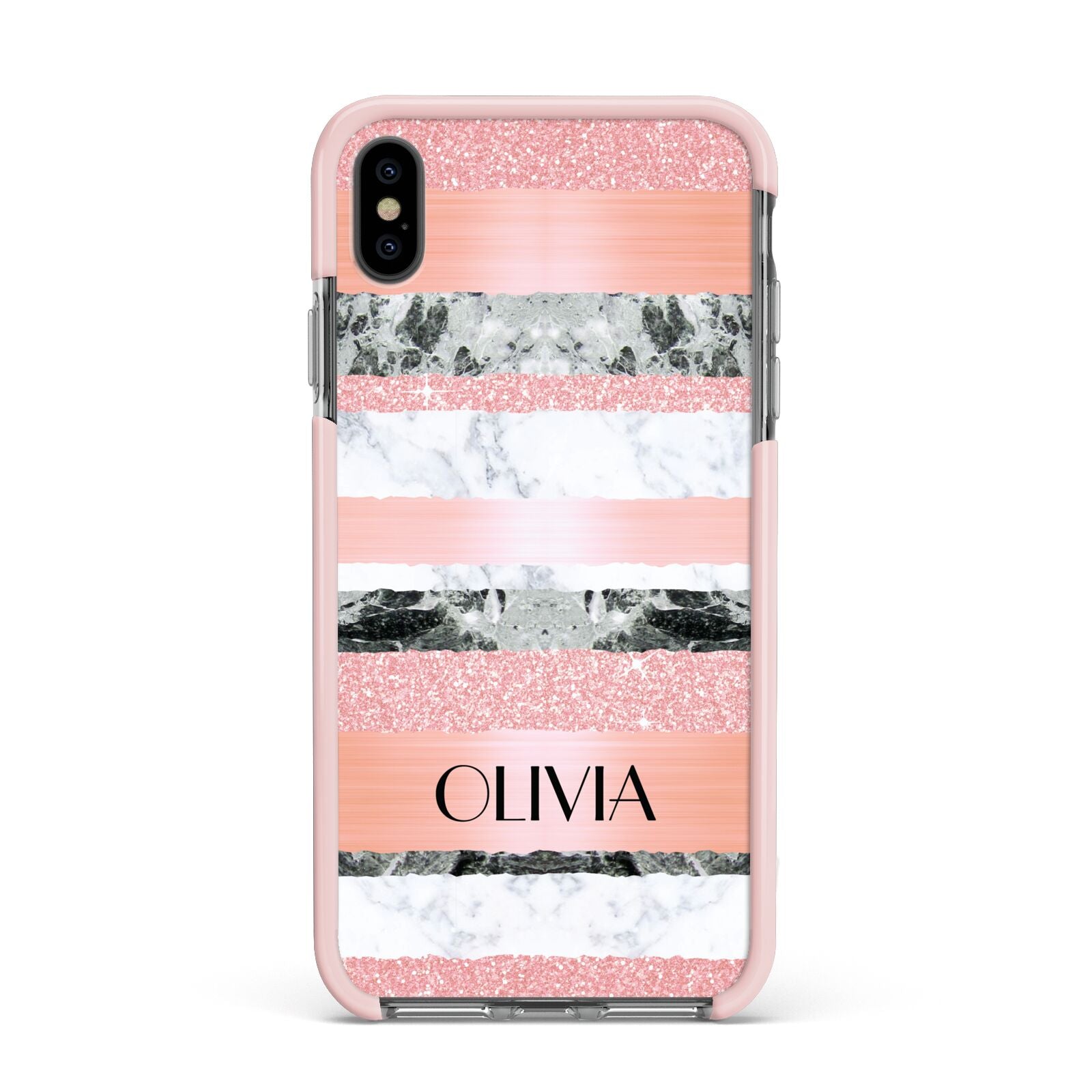 Personalised Marble Name Text Custom Apple iPhone Xs Max Impact Case Pink Edge on Black Phone