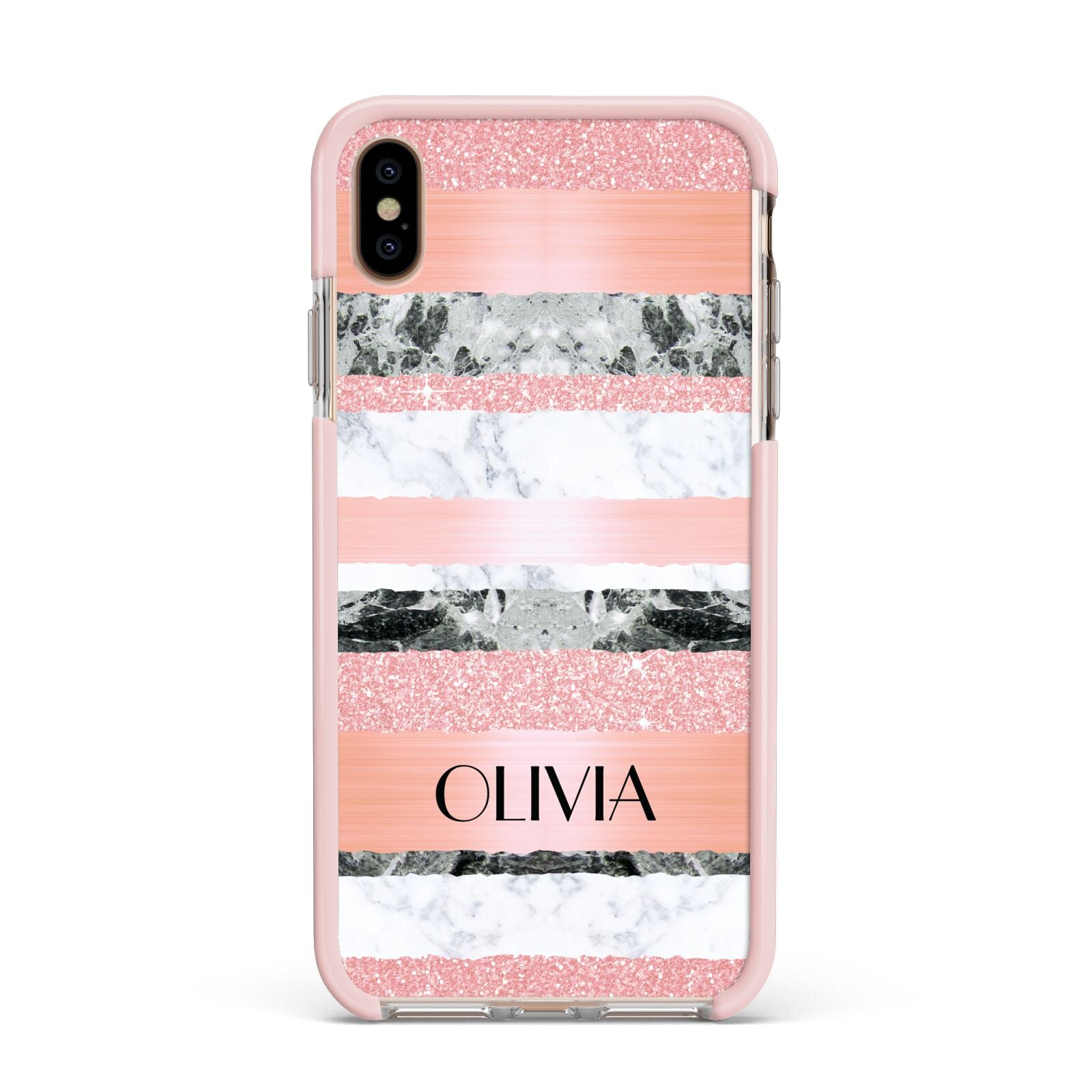 Personalised Marble Name Text Custom Apple iPhone Xs Max Impact Case Pink Edge on Gold Phone
