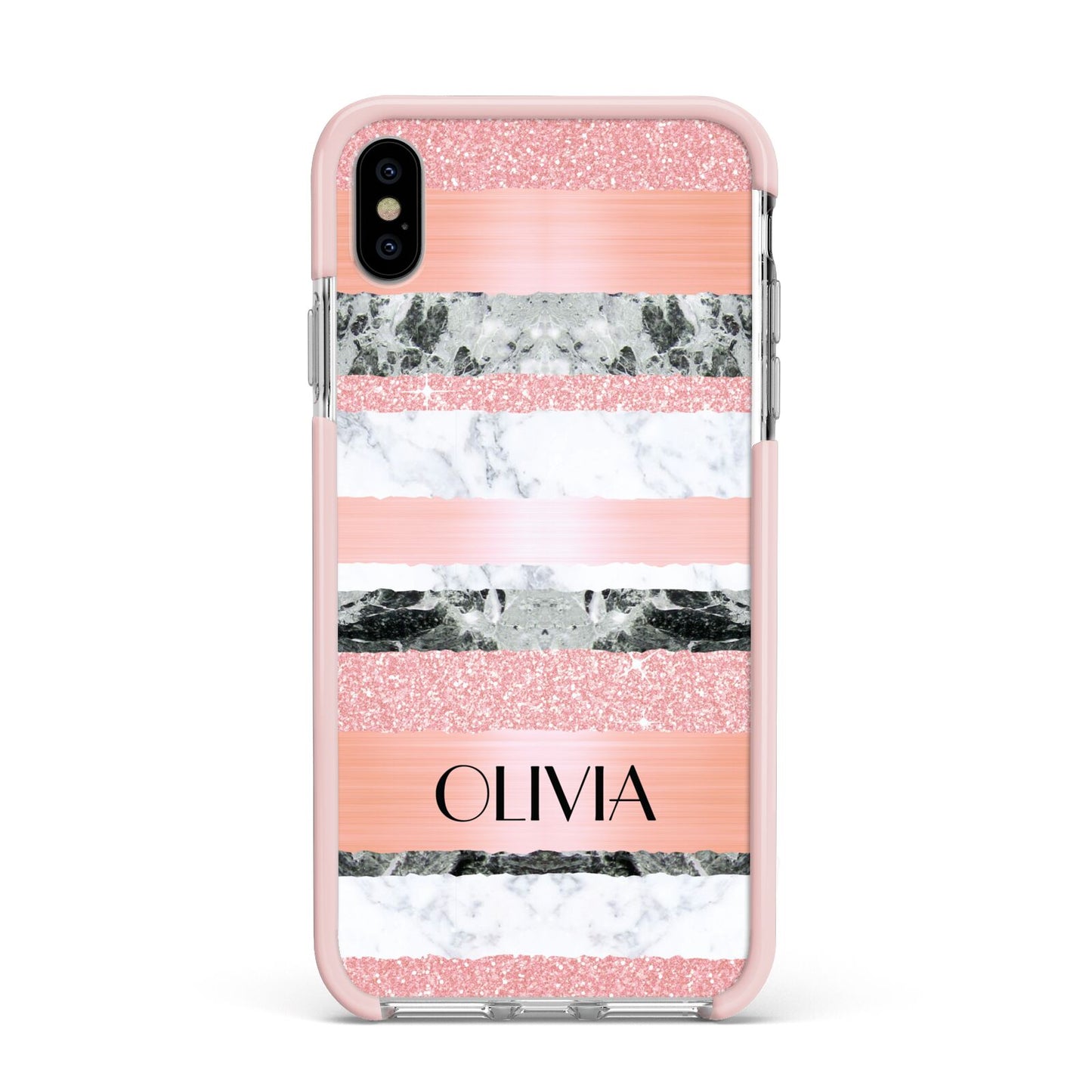 Personalised Marble Name Text Custom Apple iPhone Xs Max Impact Case Pink Edge on Silver Phone