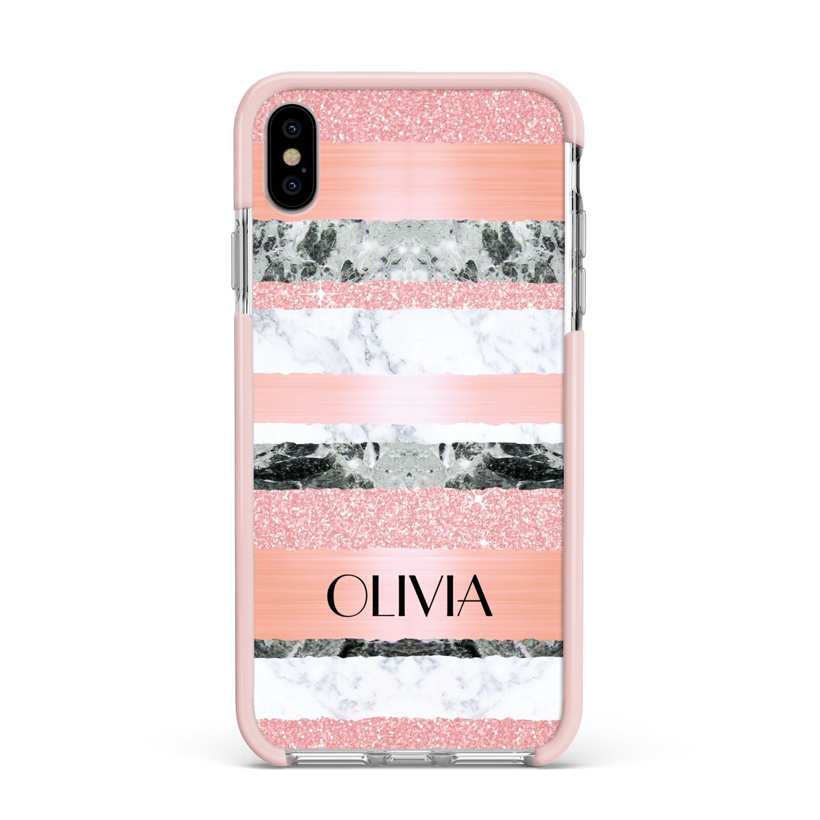 Personalised Marble Name Text Custom Apple iPhone Xs Max Impact Case Pink Edge on Silver Phone