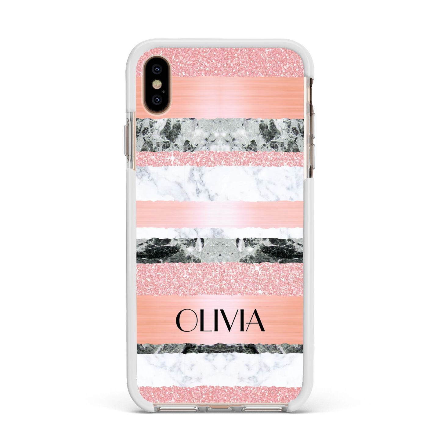 Personalised Marble Name Text Custom Apple iPhone Xs Max Impact Case White Edge on Gold Phone
