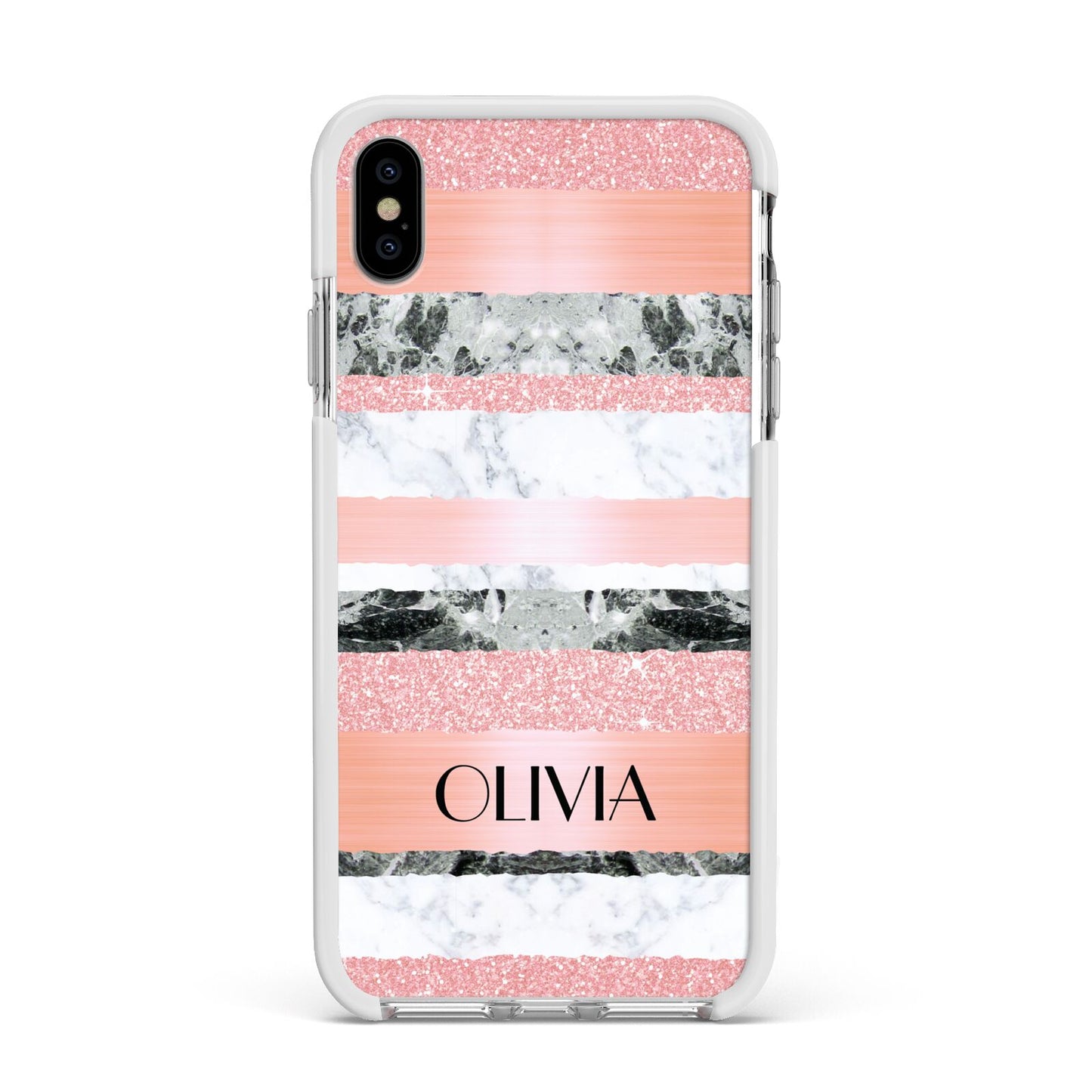 Personalised Marble Name Text Custom Apple iPhone Xs Max Impact Case White Edge on Silver Phone