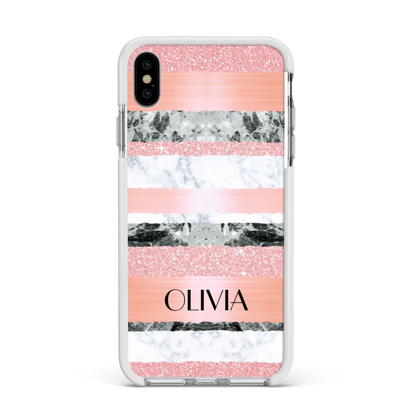 Personalised Marble Name Text Custom Apple iPhone Xs Max Impact Case White Edge on Silver Phone