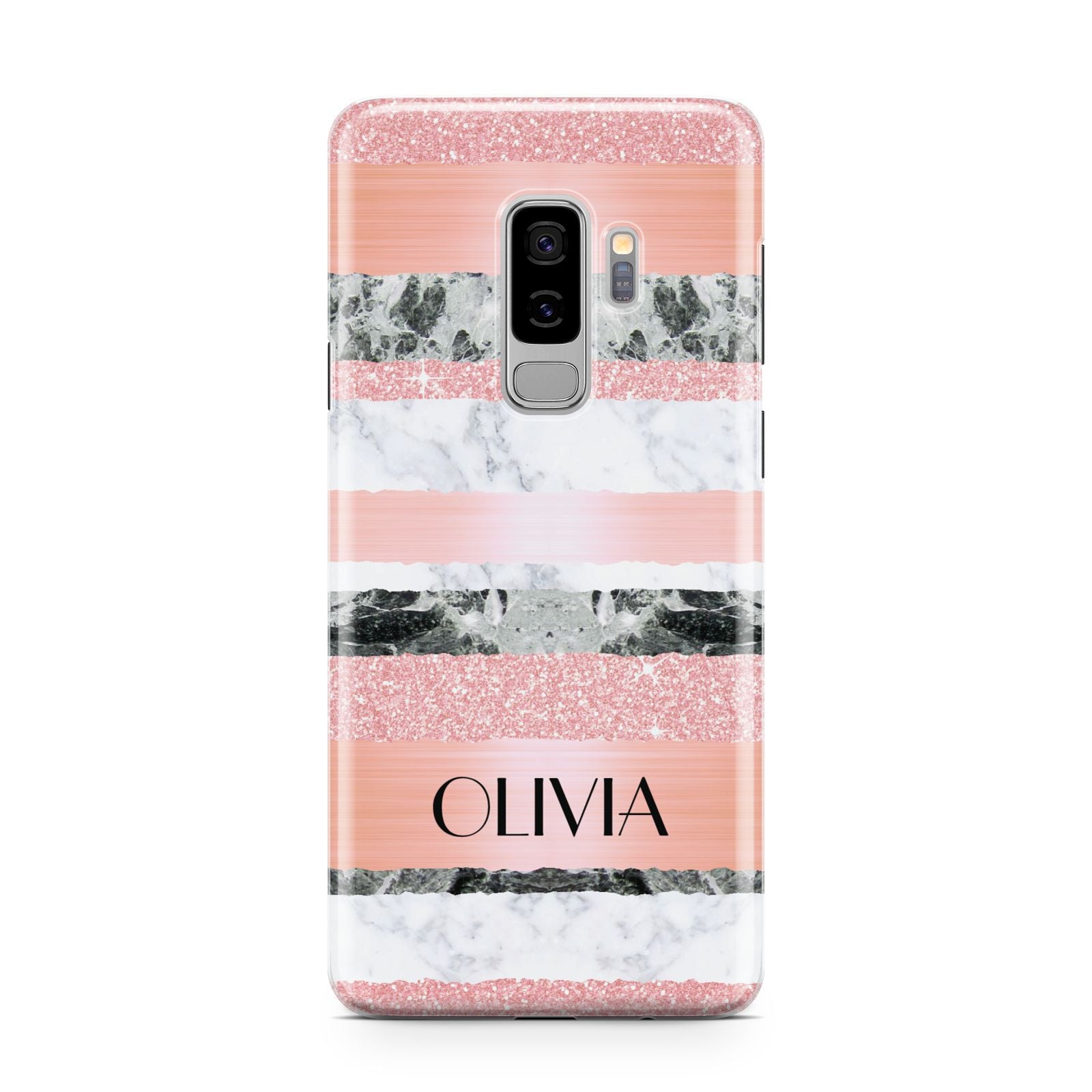 Personalised Marble Name Text Custom Samsung Galaxy S9 Plus Case on Silver phone