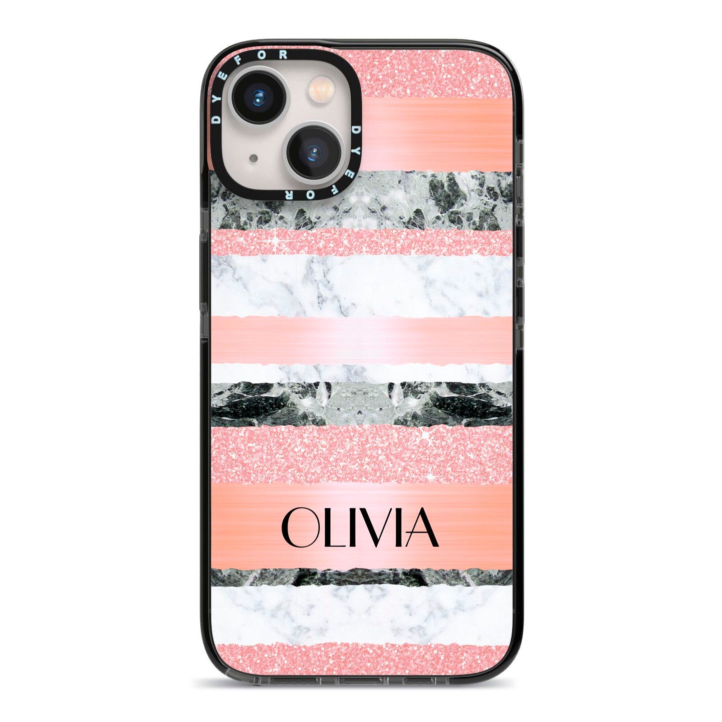 Personalised Marble Name Text Custom iPhone 13 Black Impact Case on Silver phone