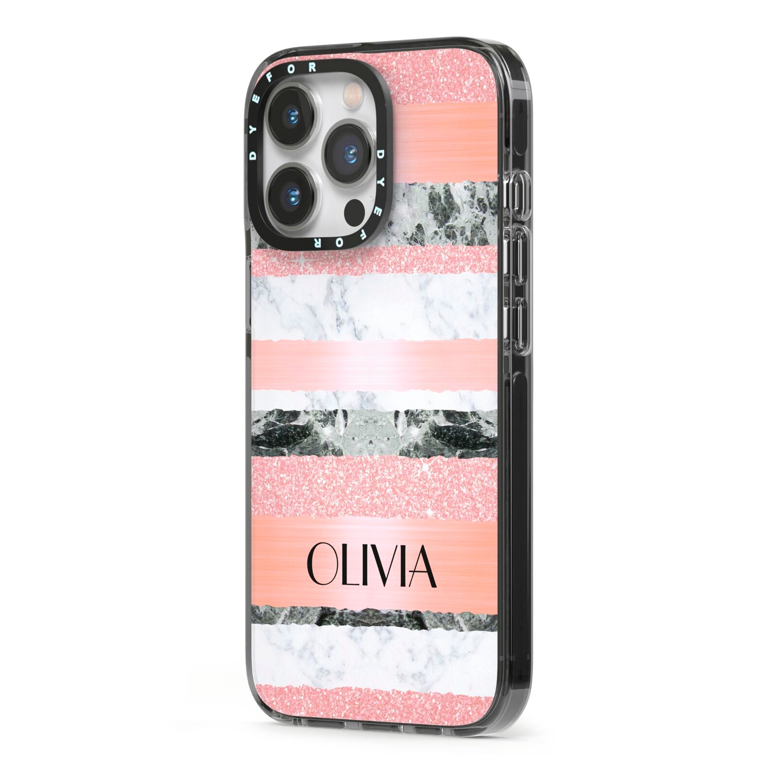 Personalised Marble Name Text Custom iPhone 13 Pro Black Impact Case Side Angle on Silver phone