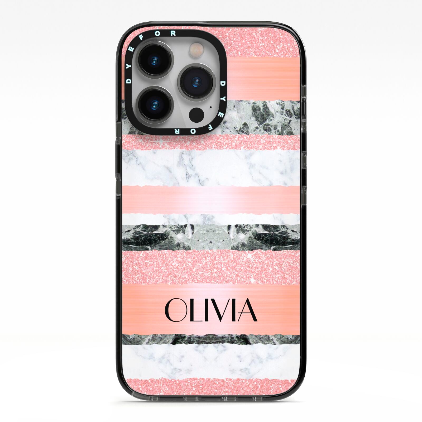Personalised Marble Name Text Custom iPhone 13 Pro Black Impact Case on Silver phone
