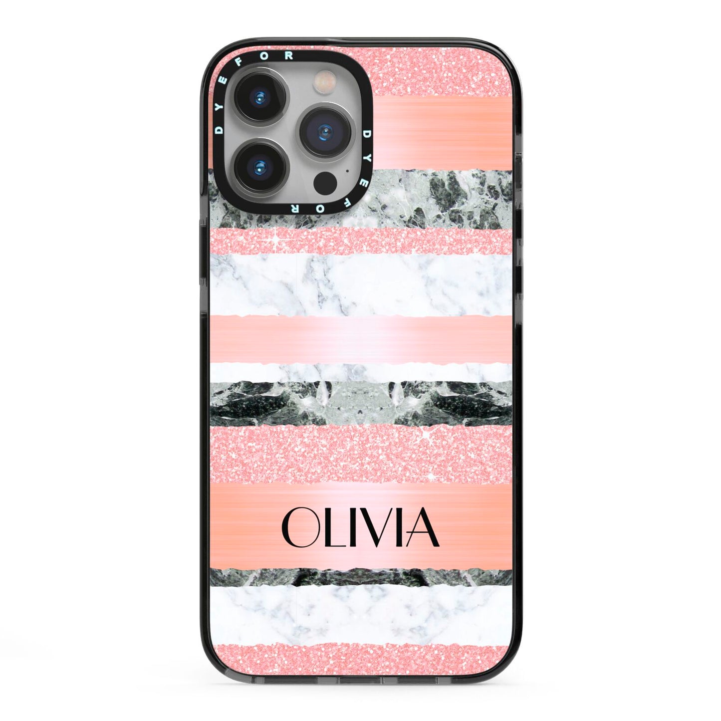Personalised Marble Name Text Custom iPhone 13 Pro Max Black Impact Case on Silver phone