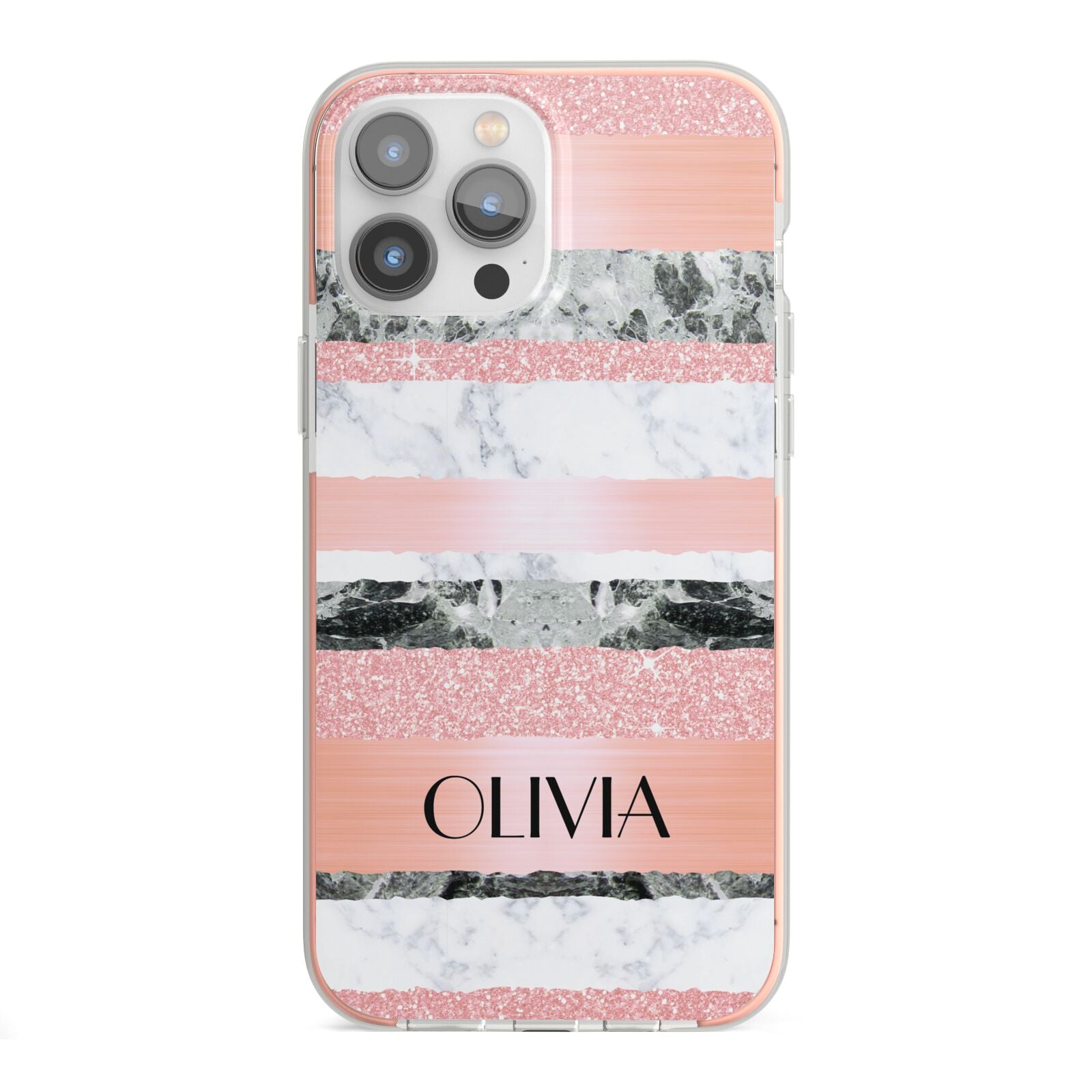 Personalised Marble Name Text Custom iPhone 13 Pro Max TPU Impact Case with Pink Edges