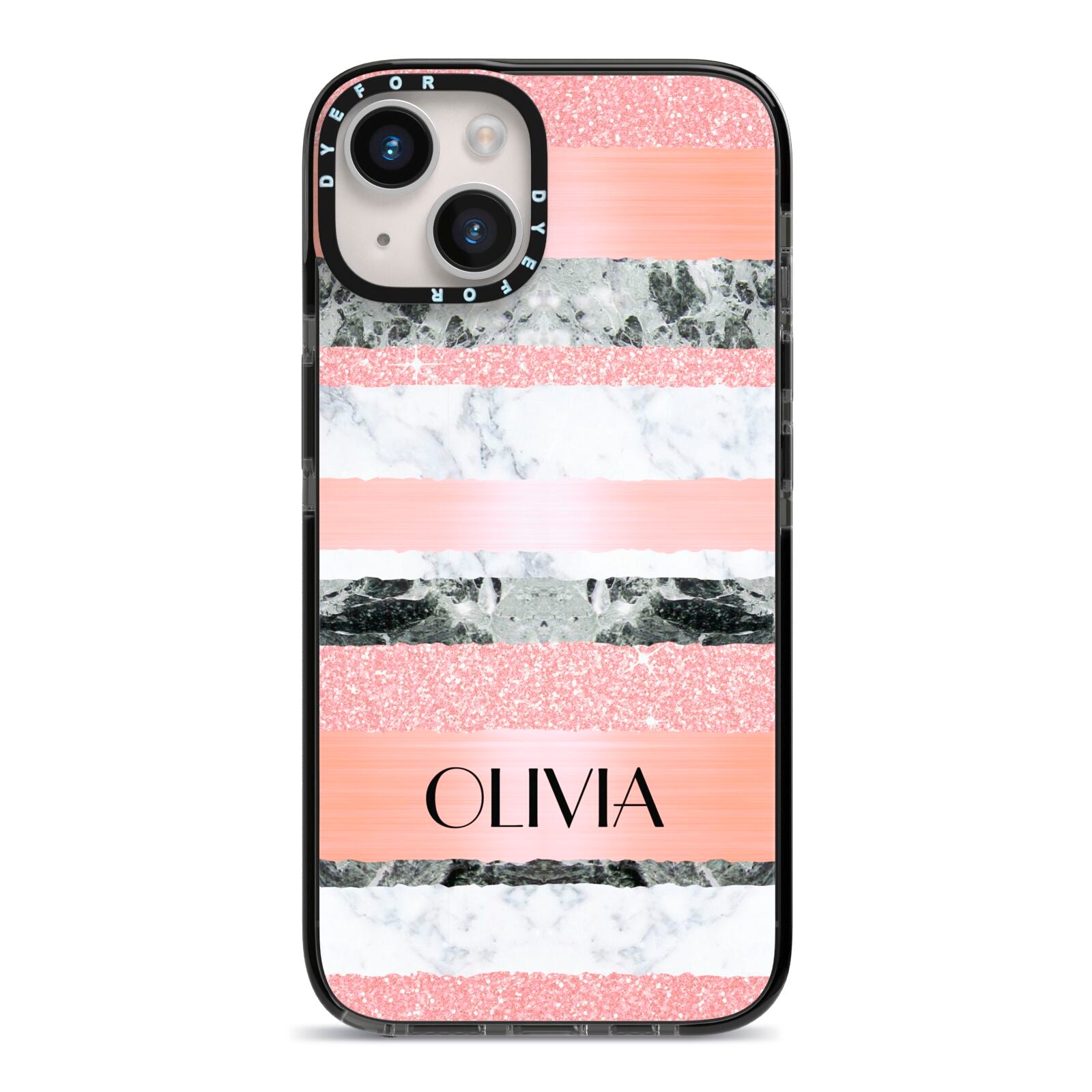 Personalised Marble Name Text Custom iPhone 14 Black Impact Case on Silver phone