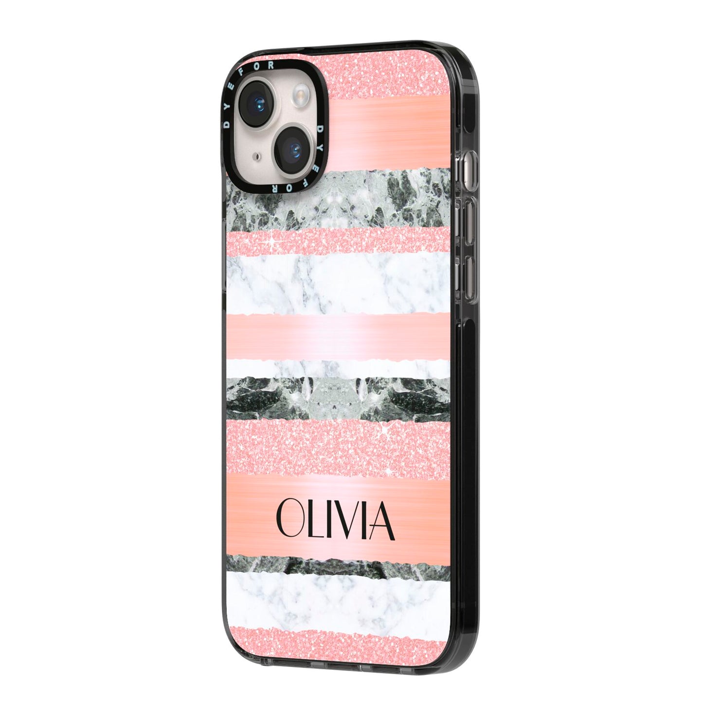 Personalised Marble Name Text Custom iPhone 14 Plus Black Impact Case Side Angle on Silver phone