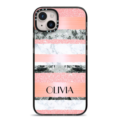 Personalised Marble Name Text Custom iPhone 14 Plus Black Impact Case on Silver phone
