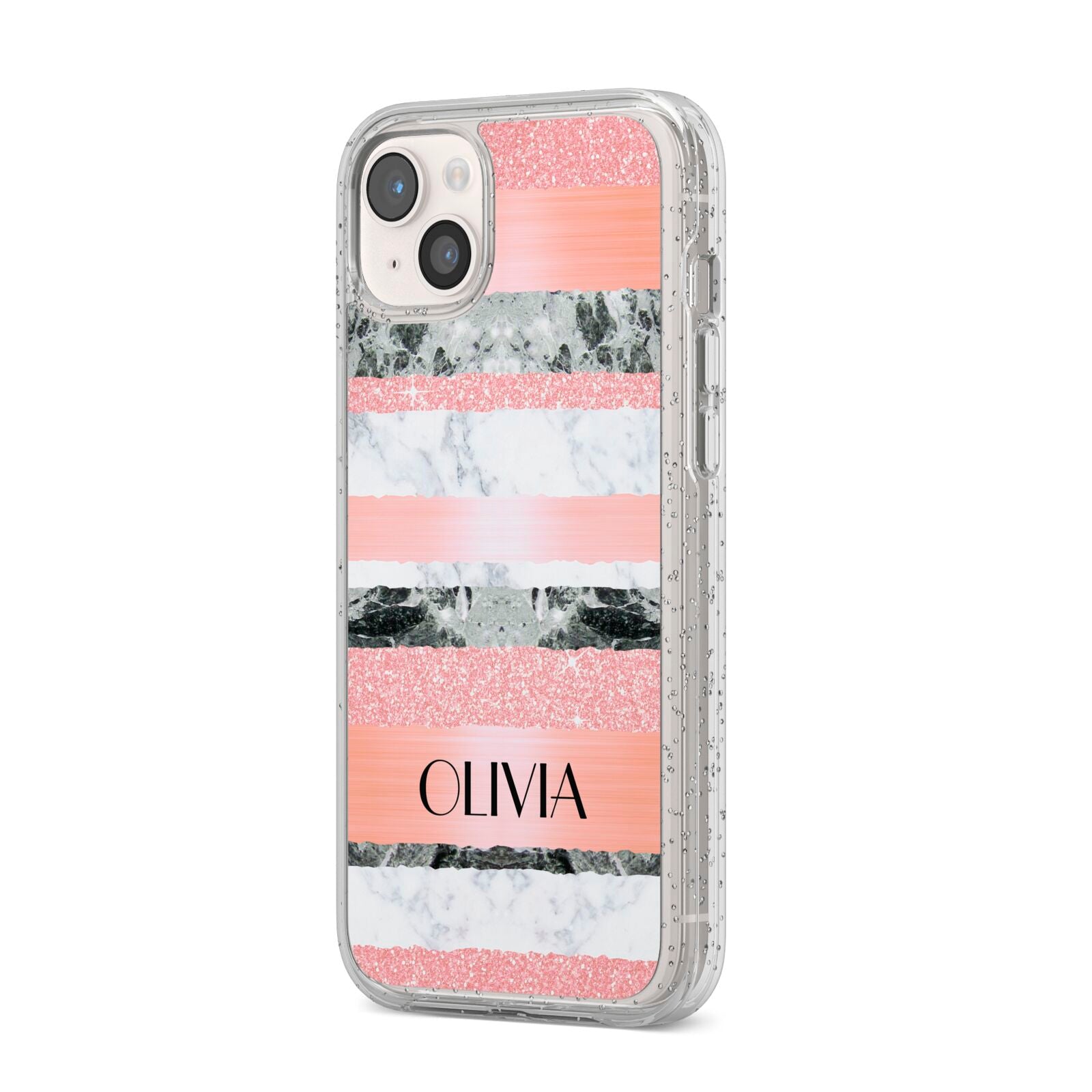Personalised Marble Name Text Custom iPhone 14 Plus Glitter Tough Case Starlight Angled Image