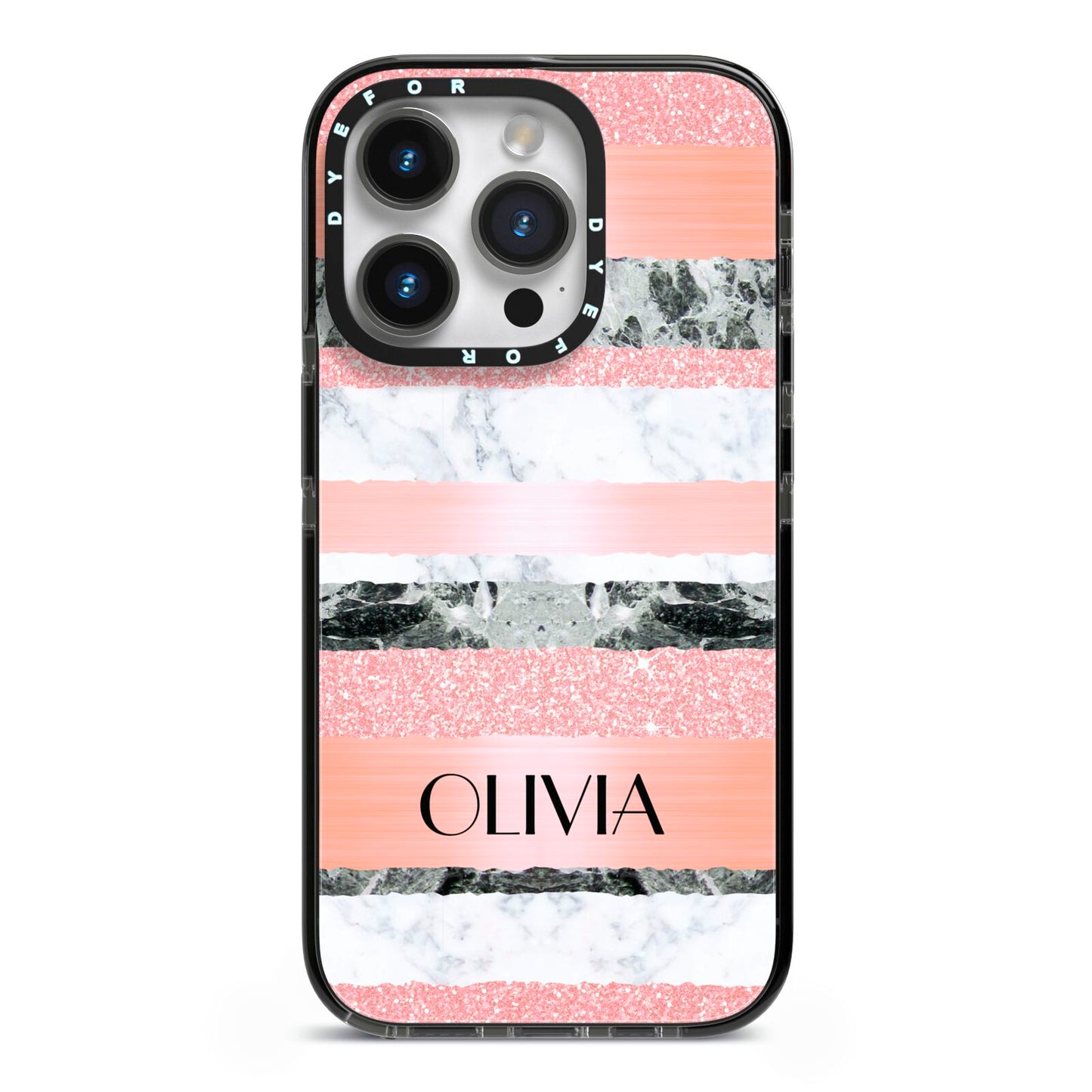 Personalised Marble Name Text Custom iPhone 14 Pro Black Impact Case on Silver phone
