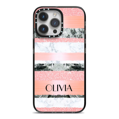 Personalised Marble Name Text Custom iPhone 14 Pro Max Black Impact Case on Silver phone