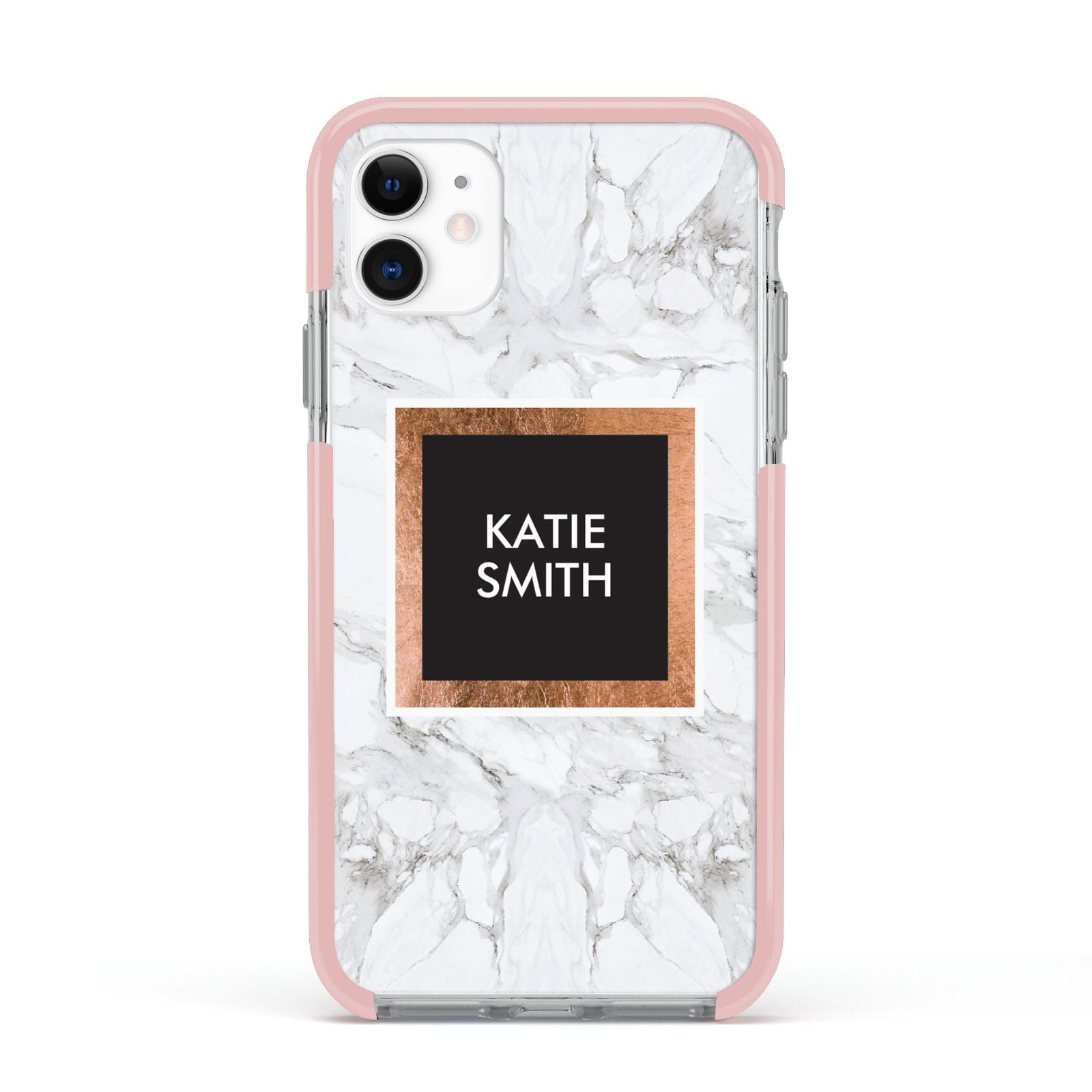 Personalised Marble Name Text Initials Apple iPhone 11 in White with Pink Impact Case