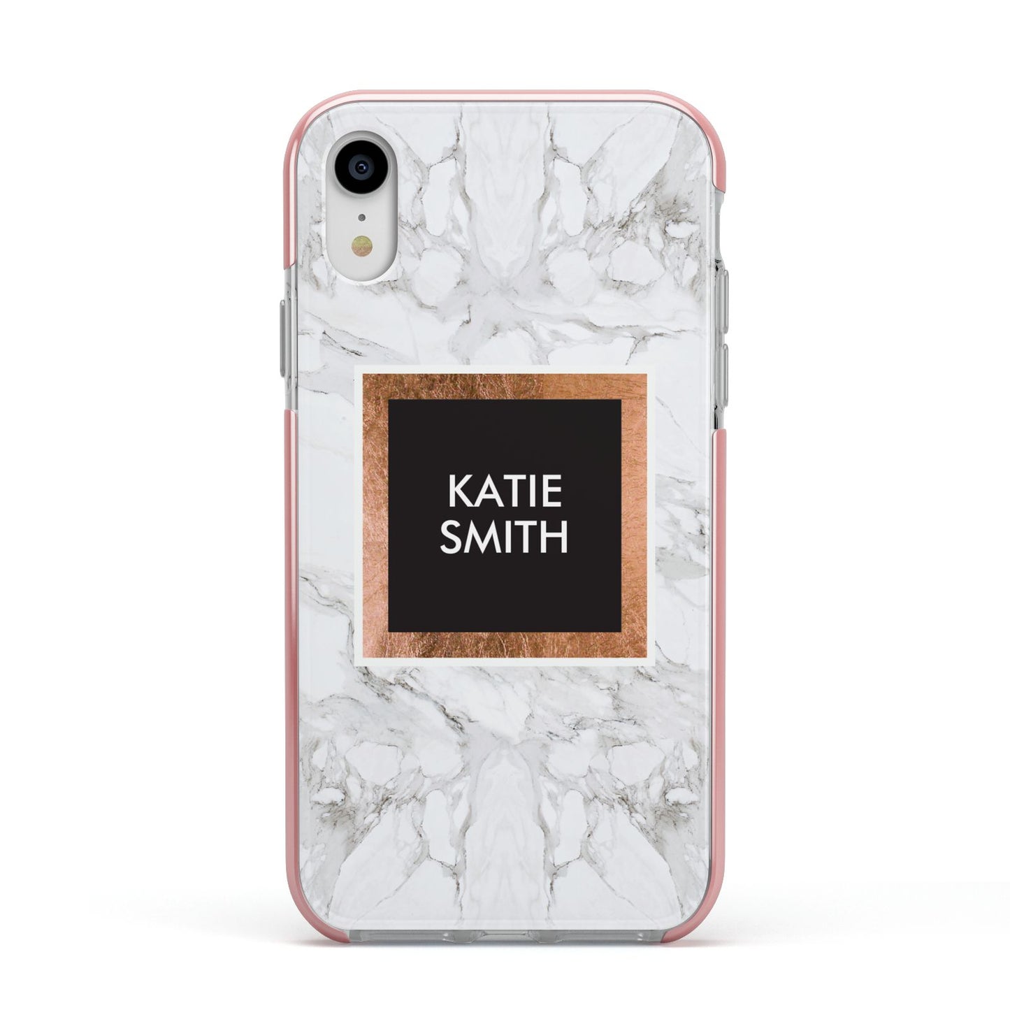 Personalised Marble Name Text Initials Apple iPhone XR Impact Case Pink Edge on Silver Phone