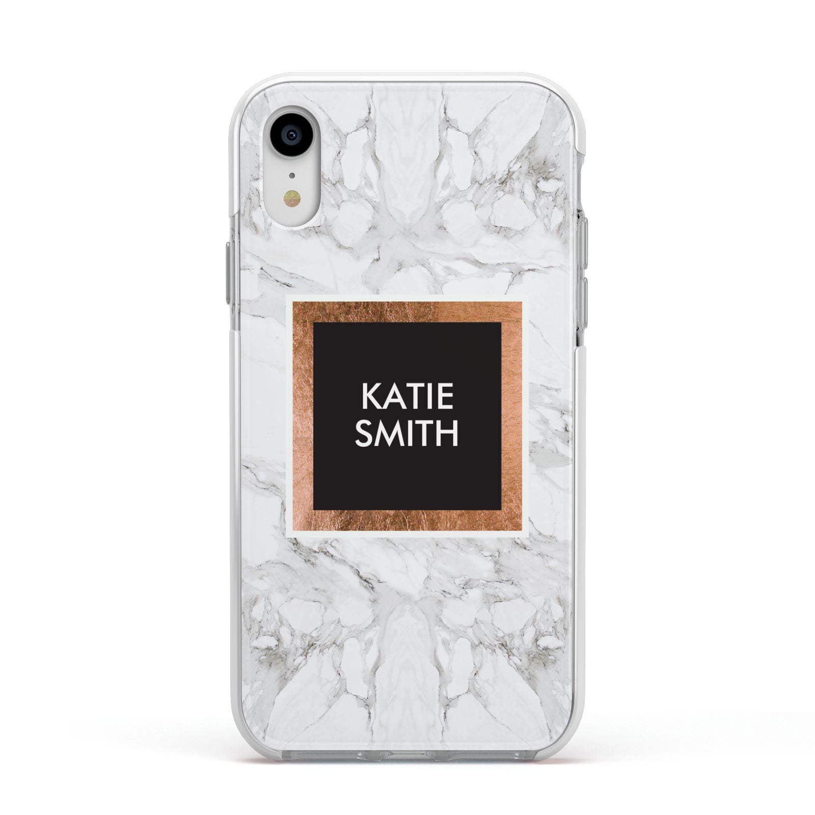 Personalised Marble Name Text Initials Apple iPhone XR Impact Case White Edge on Silver Phone