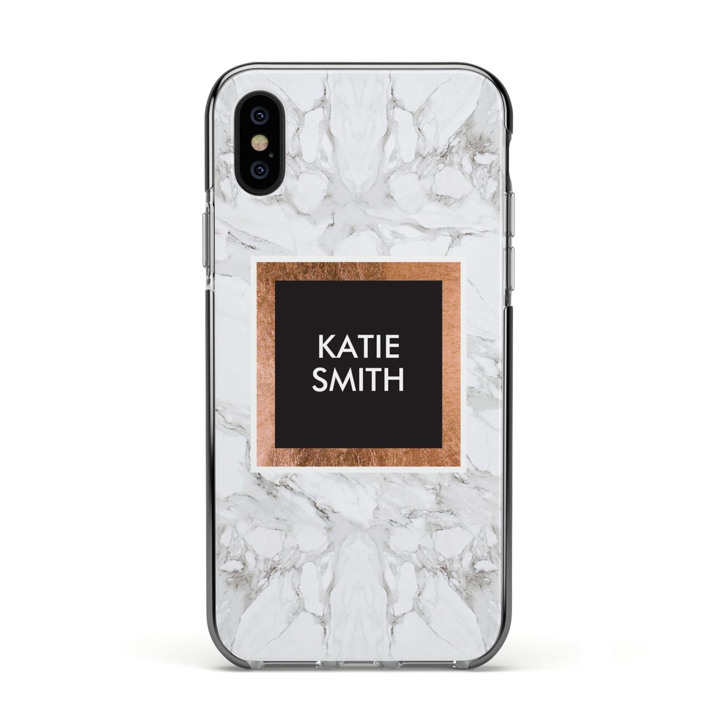 Personalised Marble Name Text Initials Apple iPhone Xs Impact Case Black Edge on Black Phone