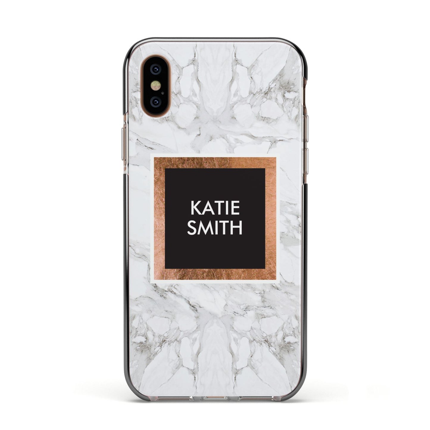 Personalised Marble Name Text Initials Apple iPhone Xs Impact Case Black Edge on Gold Phone