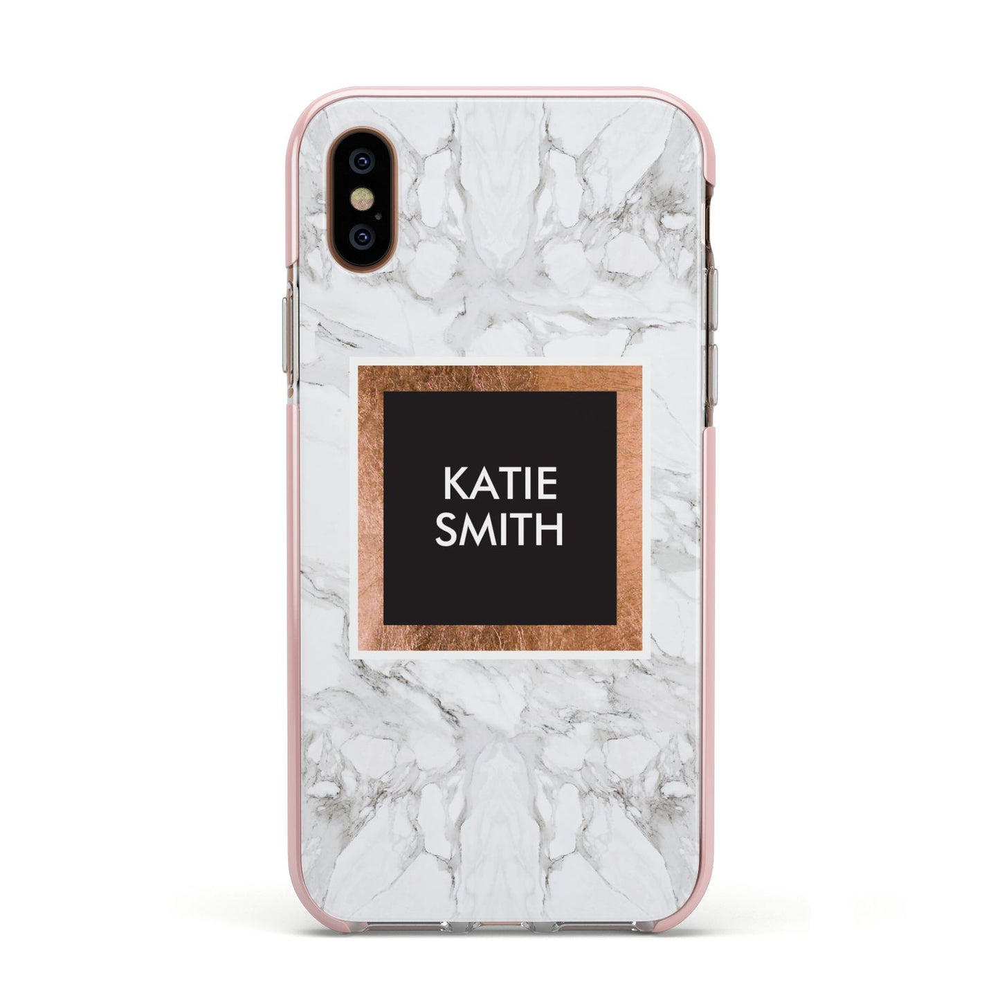 Personalised Marble Name Text Initials Apple iPhone Xs Impact Case Pink Edge on Gold Phone