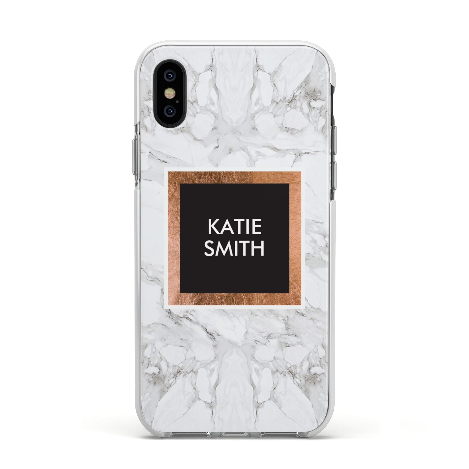 Personalised Marble Name Text Initials Apple iPhone Xs Impact Case White Edge on Black Phone