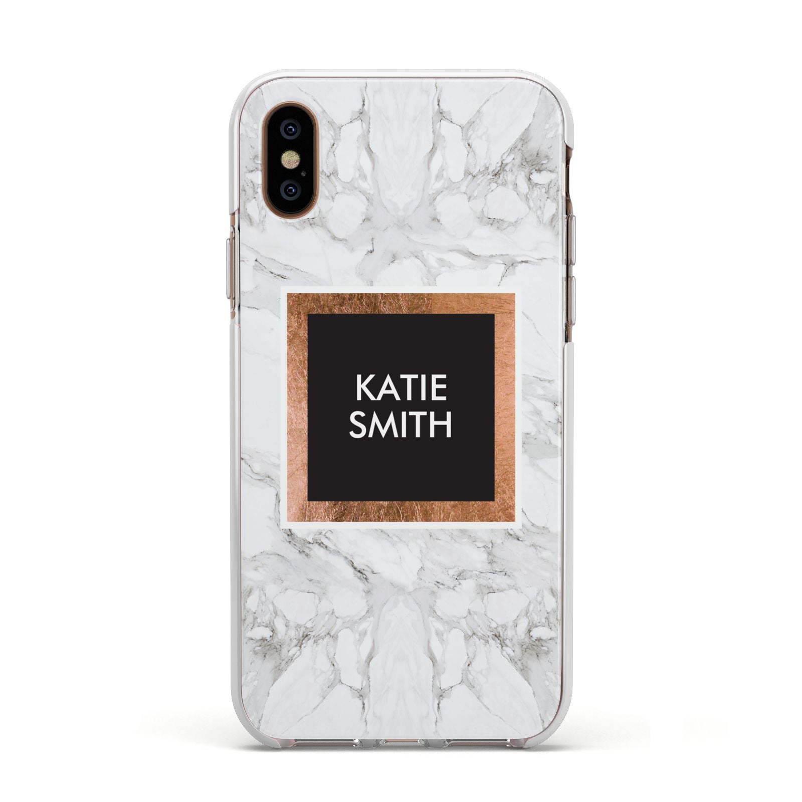 Personalised Marble Name Text Initials Apple iPhone Xs Impact Case White Edge on Gold Phone