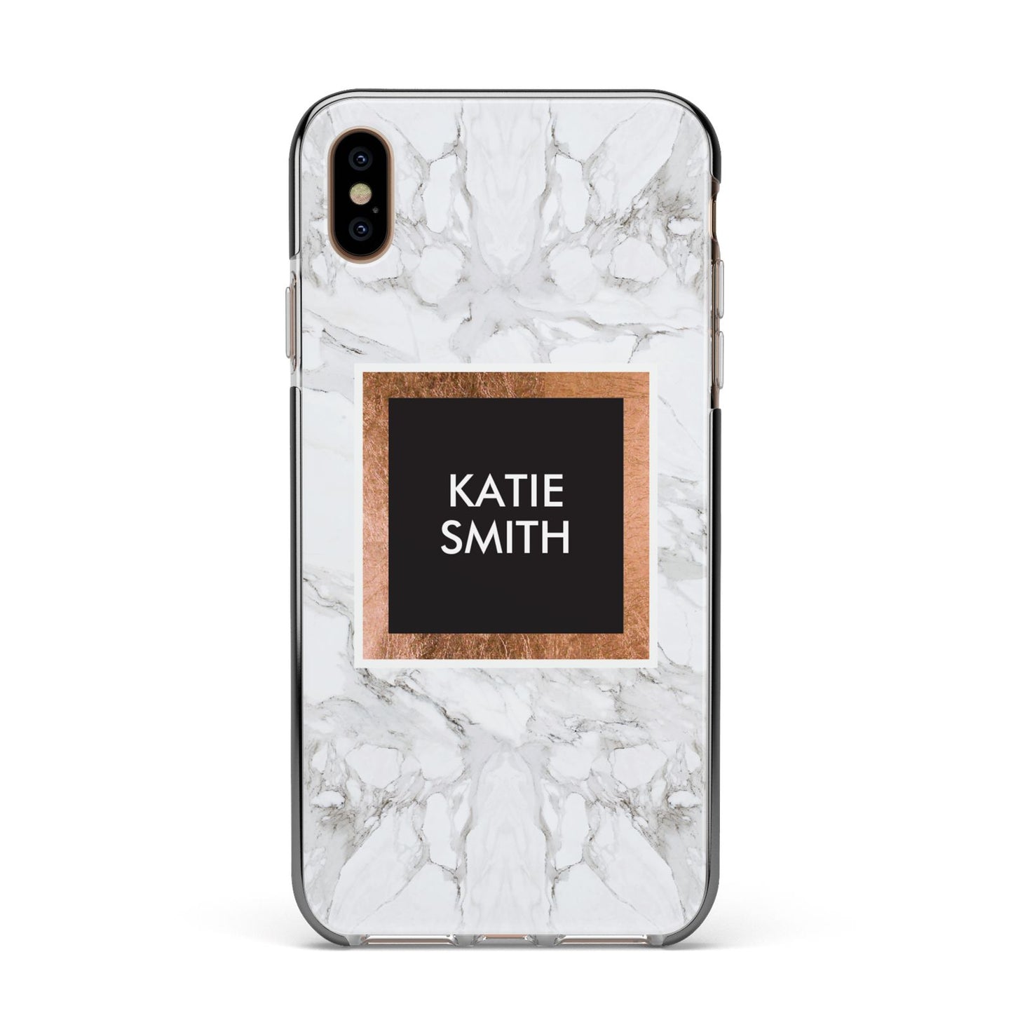 Personalised Marble Name Text Initials Apple iPhone Xs Max Impact Case Black Edge on Gold Phone