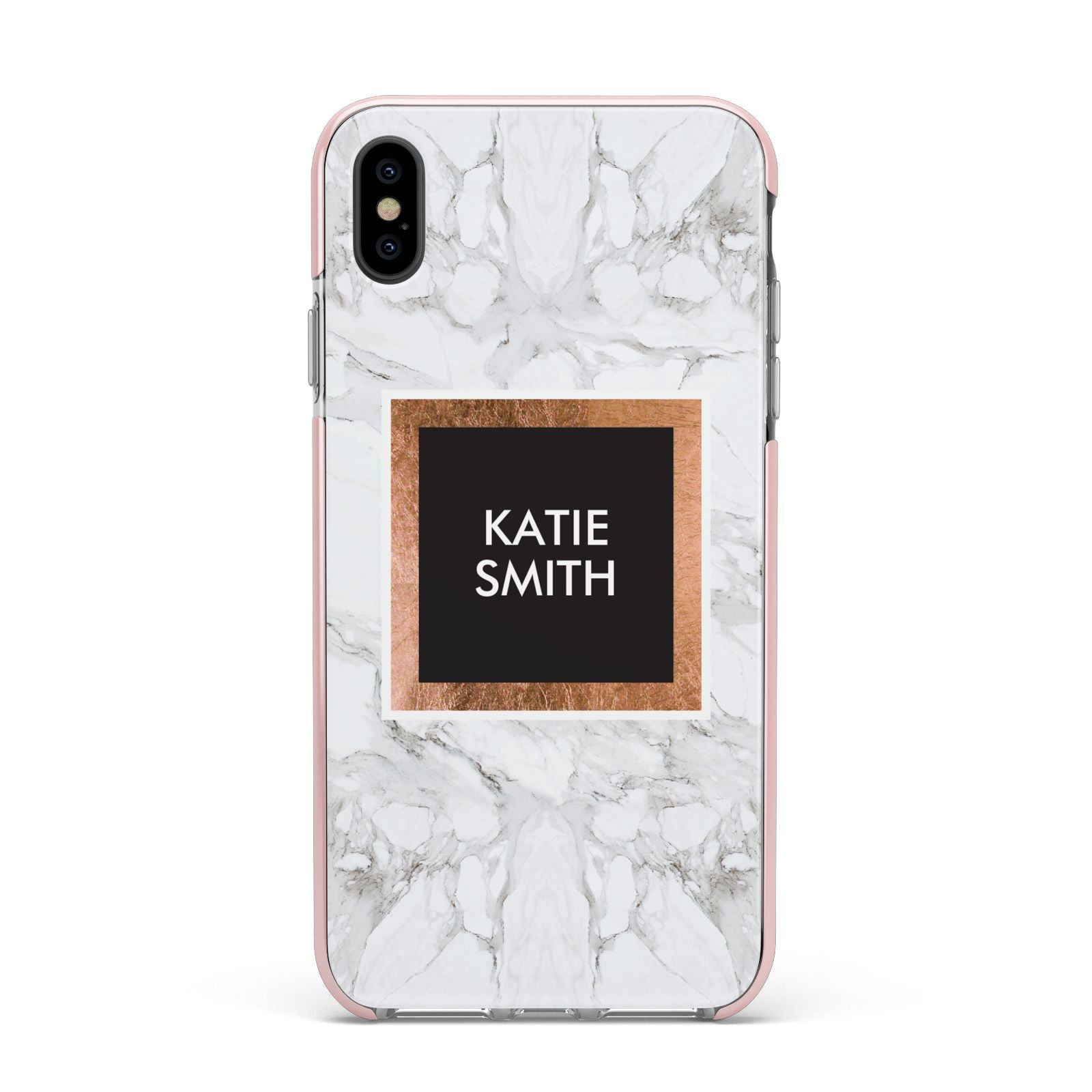 Personalised Marble Name Text Initials Apple iPhone Xs Max Impact Case Pink Edge on Black Phone