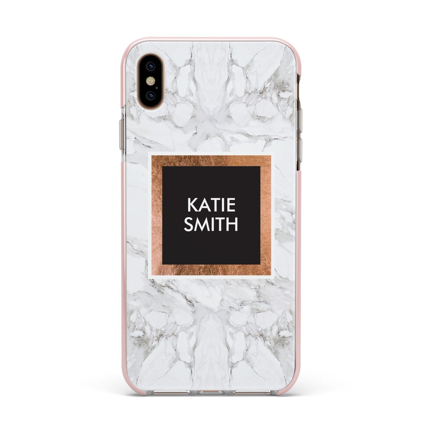 Personalised Marble Name Text Initials Apple iPhone Xs Max Impact Case Pink Edge on Gold Phone