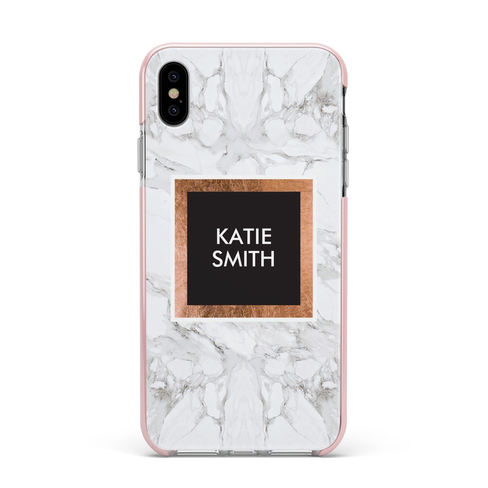 Personalised Marble Name Text Initials Apple iPhone Xs Max Impact Case Pink Edge on Silver Phone