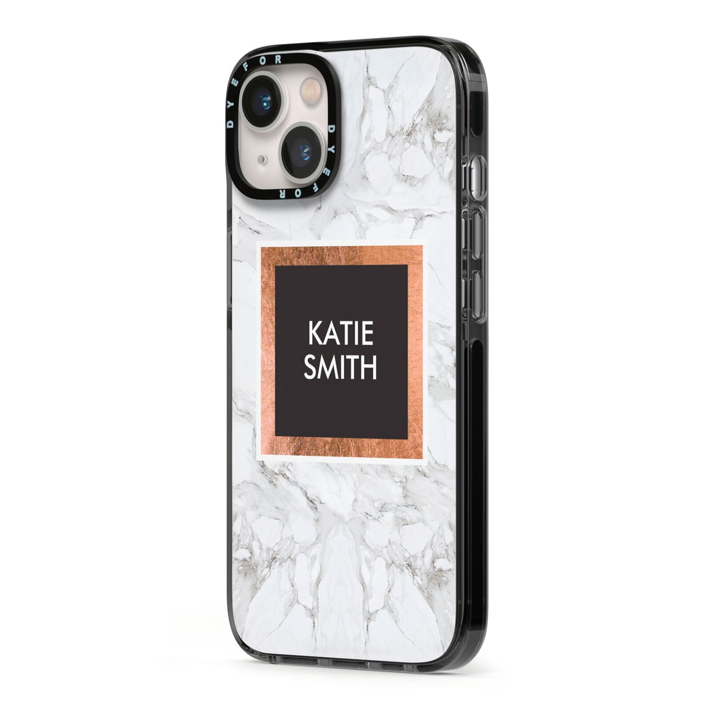 Personalised Marble Name Text Initials iPhone 13 Black Impact Case Side Angle on Silver phone