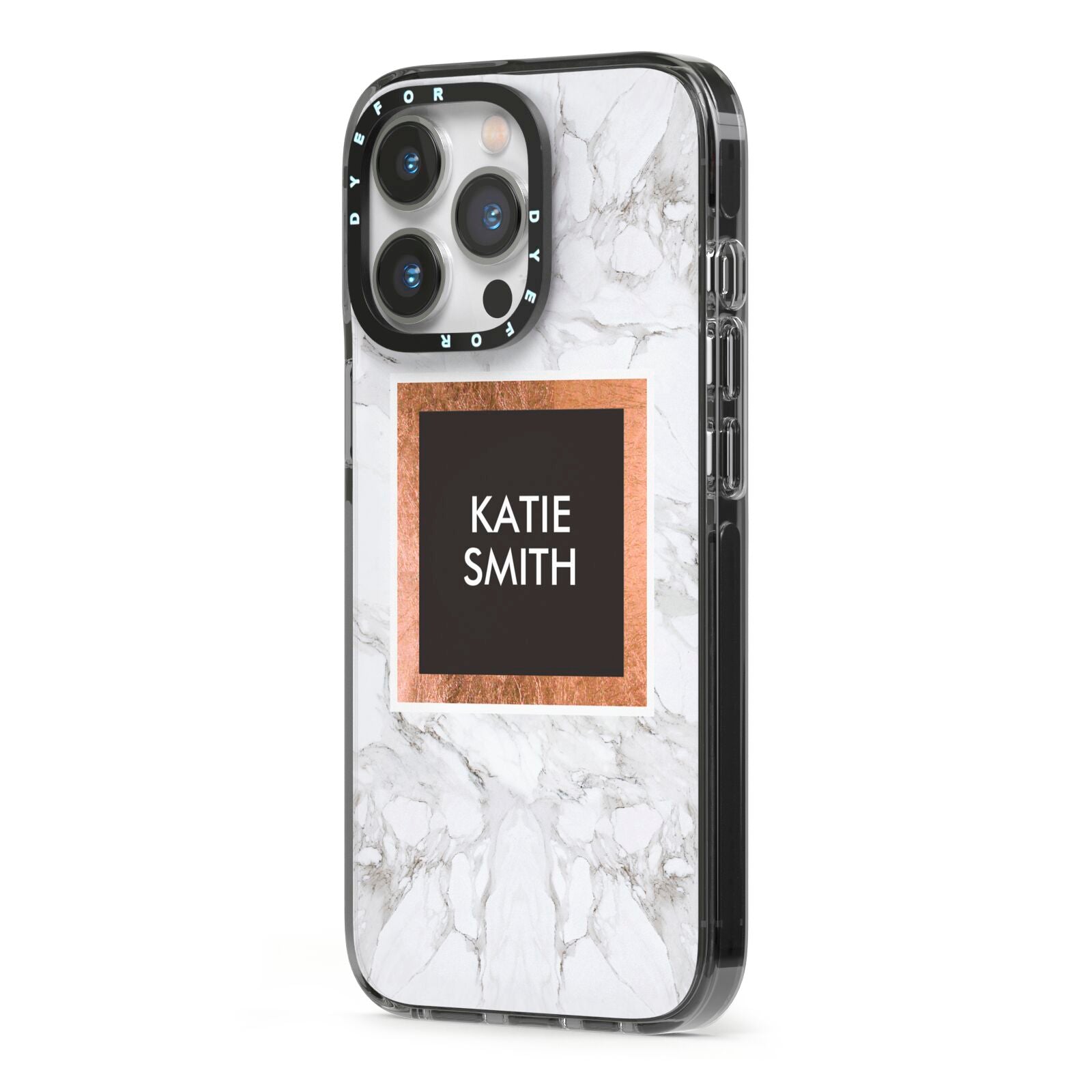 Personalised Marble Name Text Initials iPhone 13 Pro Black Impact Case Side Angle on Silver phone