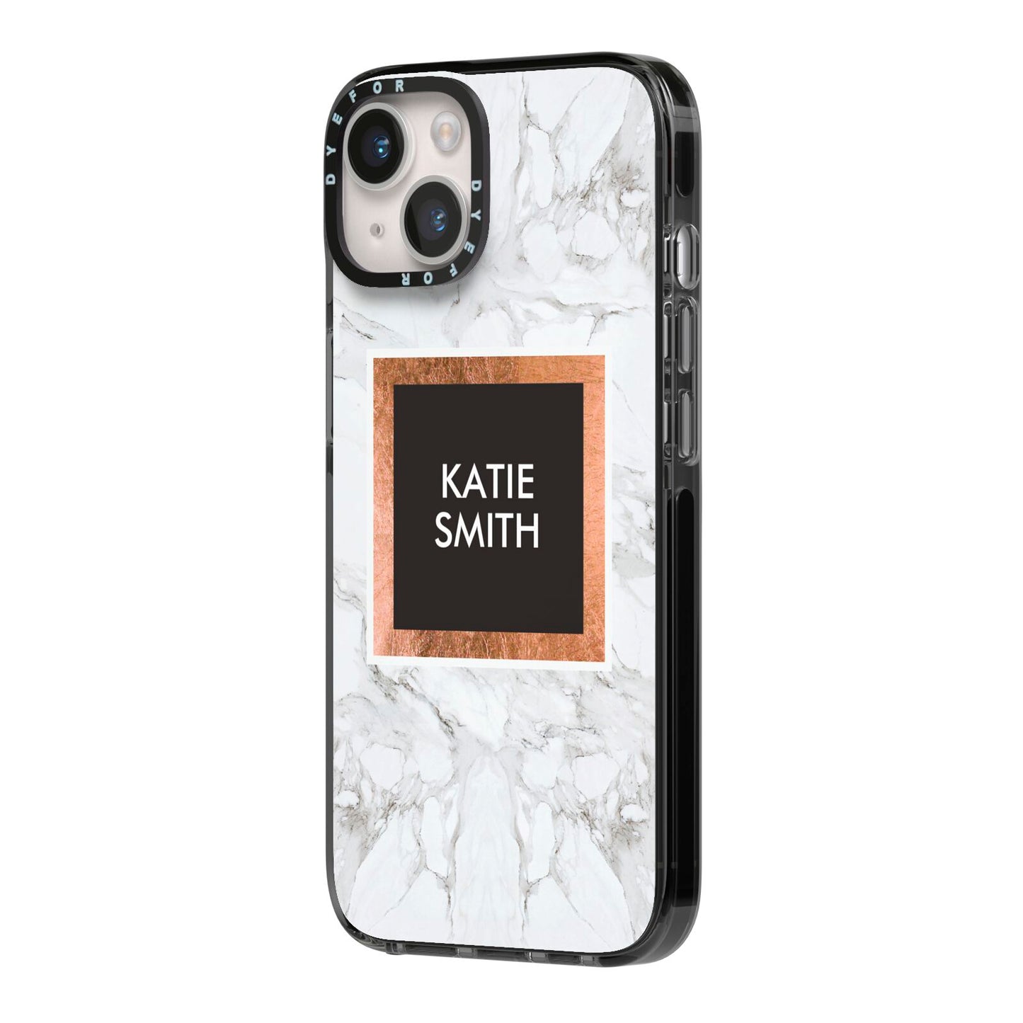 Personalised Marble Name Text Initials iPhone 14 Black Impact Case Side Angle on Silver phone
