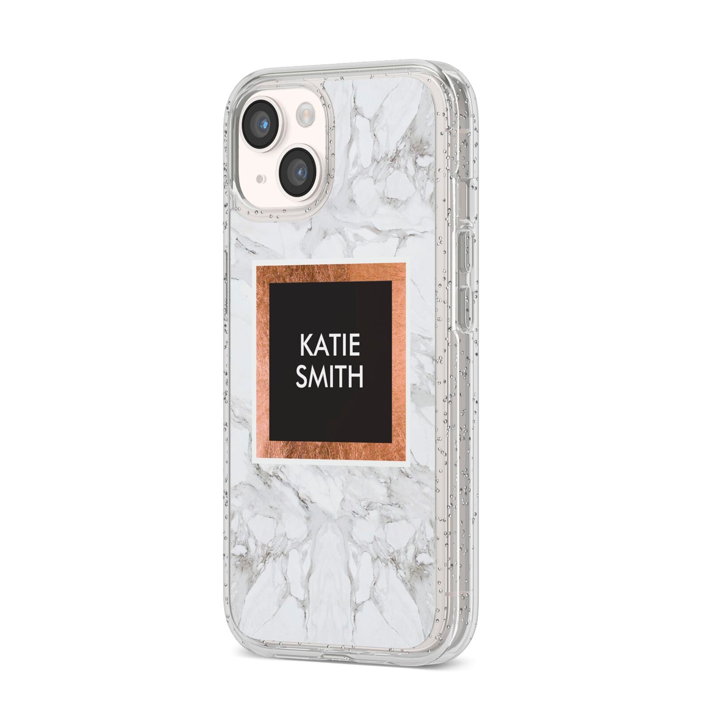 Personalised Marble Name Text Initials iPhone 14 Glitter Tough Case Starlight Angled Image